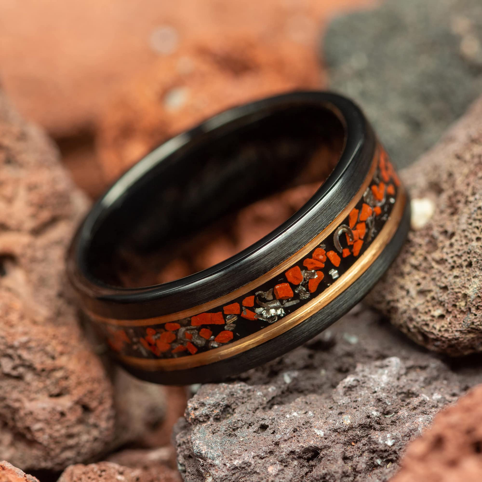 Black Tungsten Men's Wedding Ring with Dinosaur Bone & Meteorite Inlay - Rose Gold Accents - 8mm Comfort Fit Band - Perfect for Unique Grooms, Alternative Weddings & Anniversary Gifts