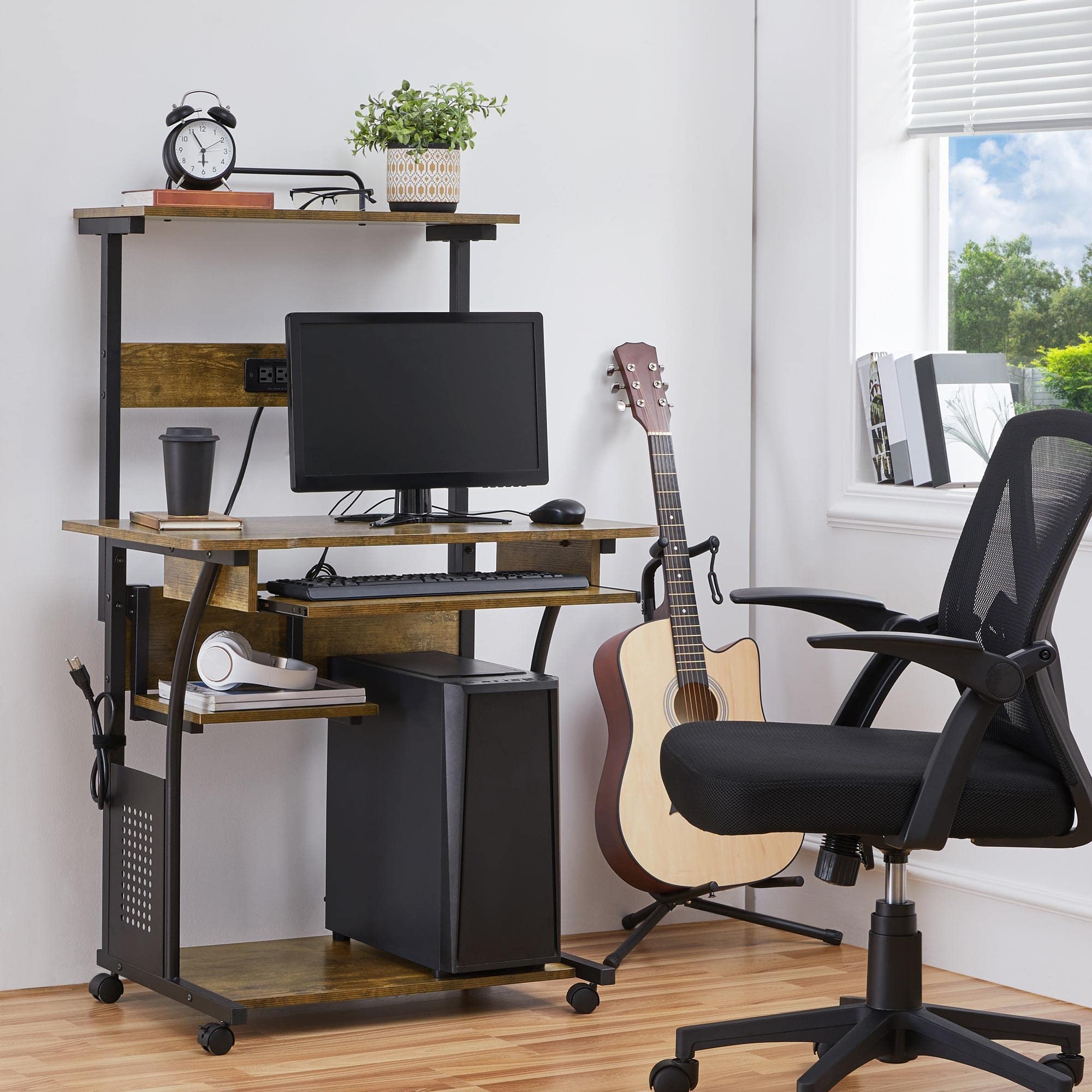 Yaheetech 3-Tier Mobile Computer Desk with Wheels - Rolling Home Office Workstation with Charging Station, Keyboard Tray, Power Outlet & USB Ports - Perfect for Small Spaces, Dorm Rooms & Home Office Setup (Rustic Brown)
