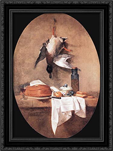 Wild Duck With Olive Jar 18x24 Black Ornate Wood Framed Canvas Art by Jean Baptiste Simeon Chardin - Classic French Still Life Painting for Living Room, Dining Room & Office Decor