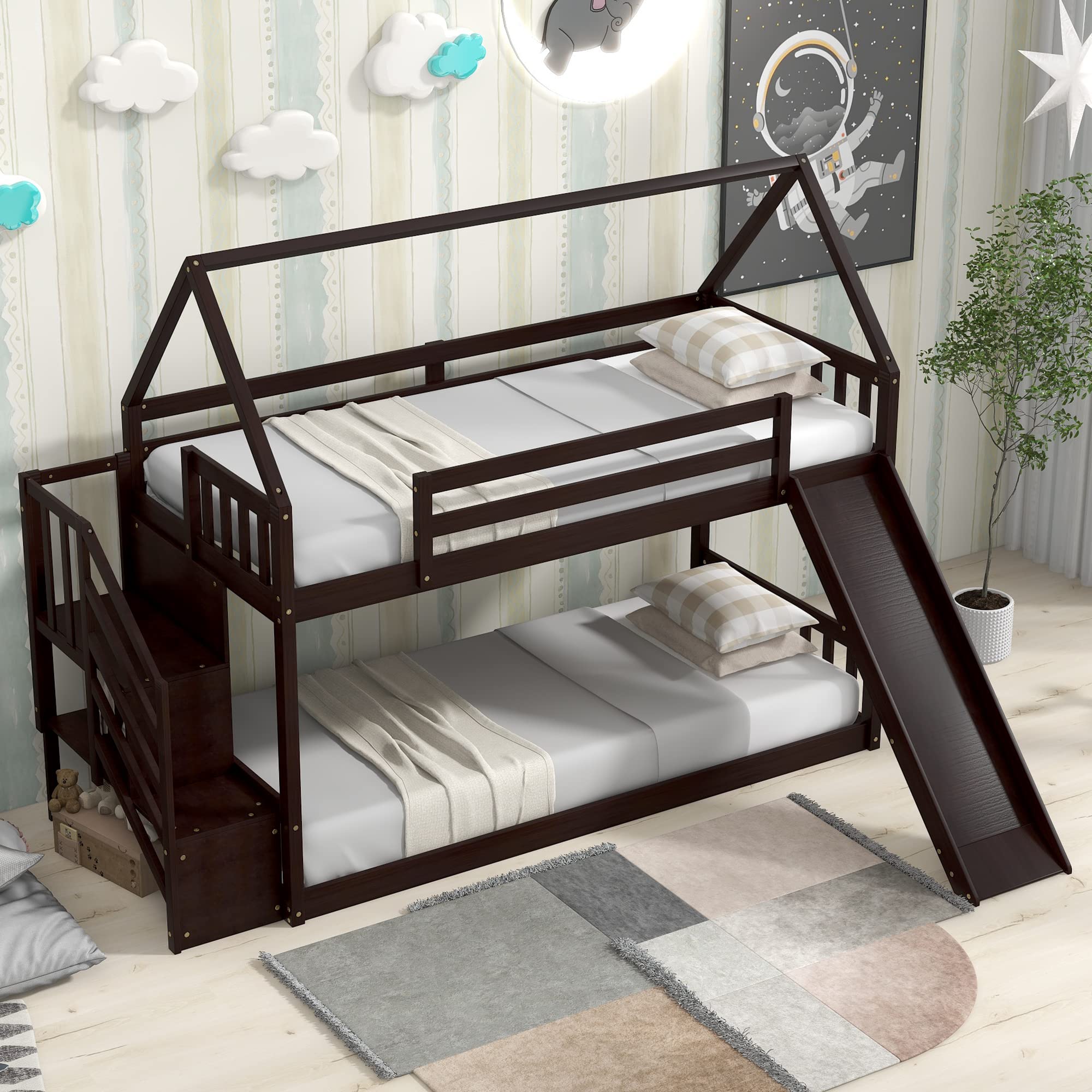 Merax Twin Over Twin Wooden Bunk Bed with Slide, Storage Staircase, Roof & Guardrails - Kids House Bed for Boys & Girls (Espresso) | Perfect for Small Bedrooms, Playrooms & Sleepovers