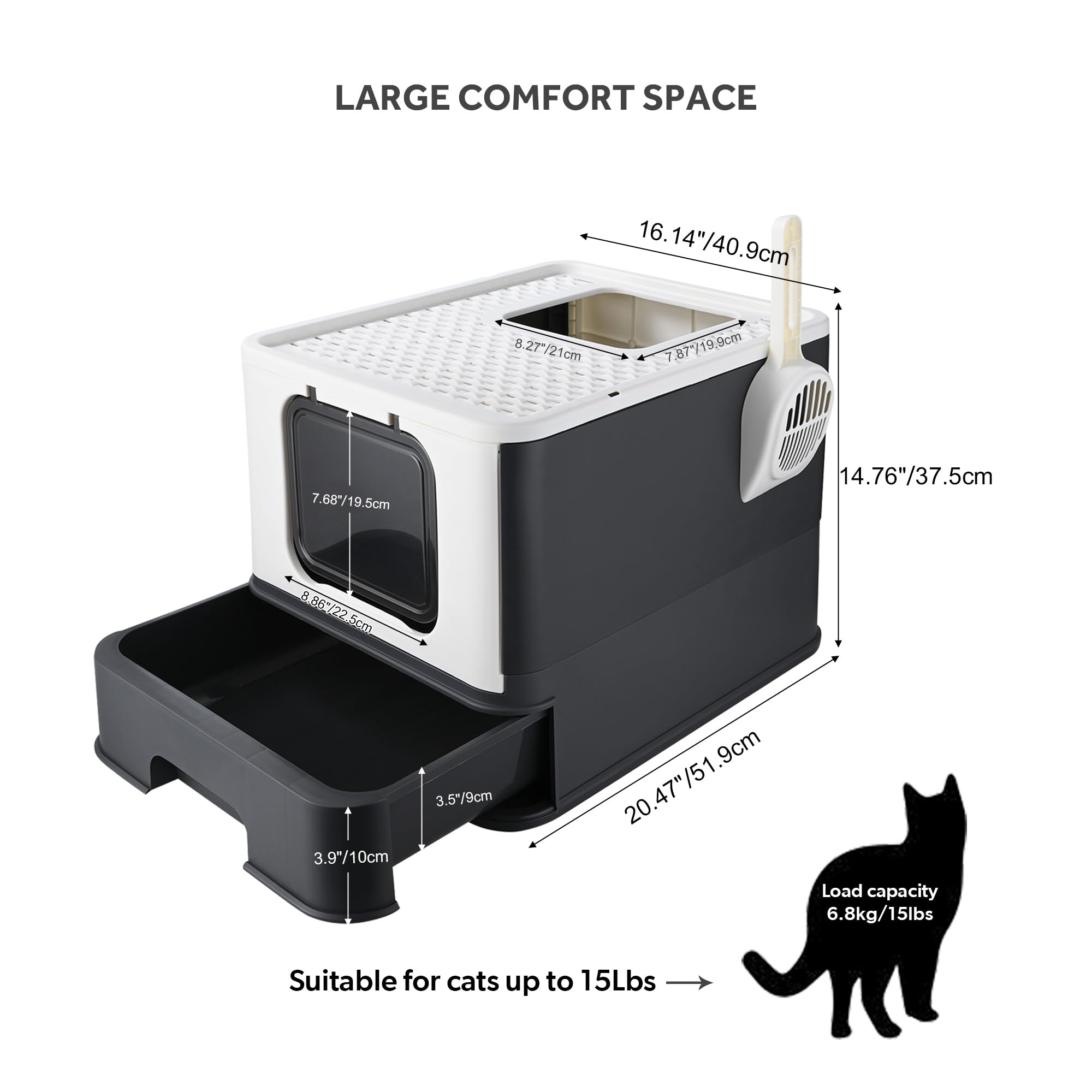 Foldable Cat Litter Box with Lid & Scoop - Extra Large Top Entry Enclosed Kitty Litter Box for Indoor Cats - Black - Perfect for Small Spaces & Multi-Cat Homes - LIVINGbasics