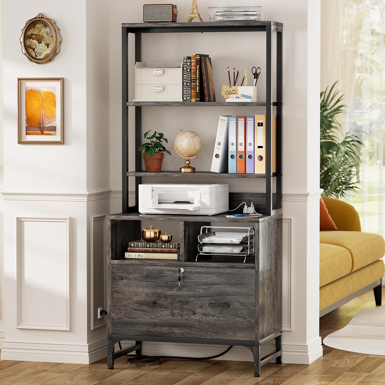 Homieasy File Cabinet with USB Charging Station - Lockable Vertical Filing Cabinet with Large Drawer & Storage Shelves - Office Printer Stand Organizer for Letter/A4/Legal Size Documents - Perfect for Home Office & Workspace Organization (Grey)