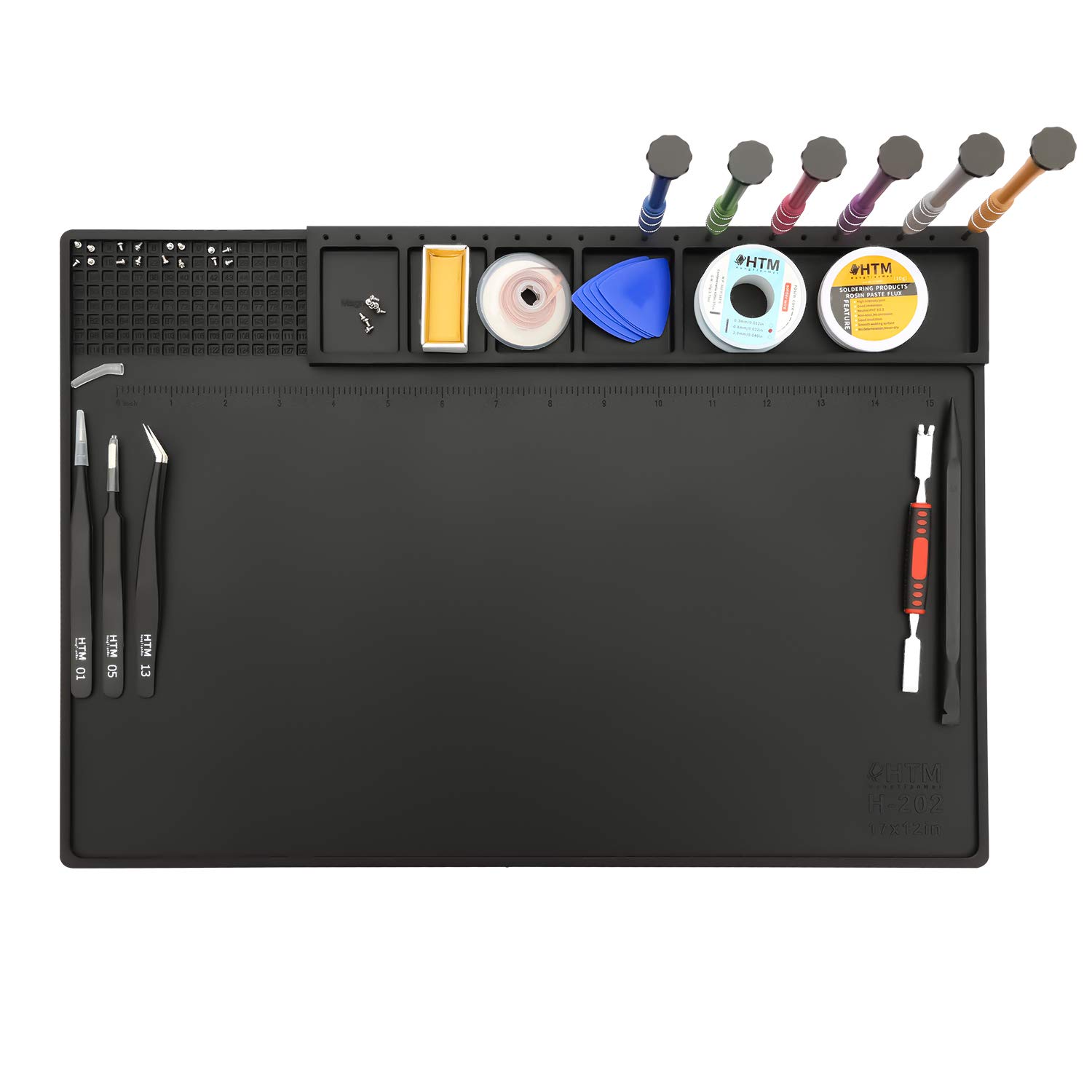 HTM-202 Large Black Silicone Soldering Mat - Heat Resistant & Magnetic Work Surface for Electronics Repair, Soldering, PC Maintenance - Perfect for DIY Projects, Computer Fixes & Circuit Board Workstations