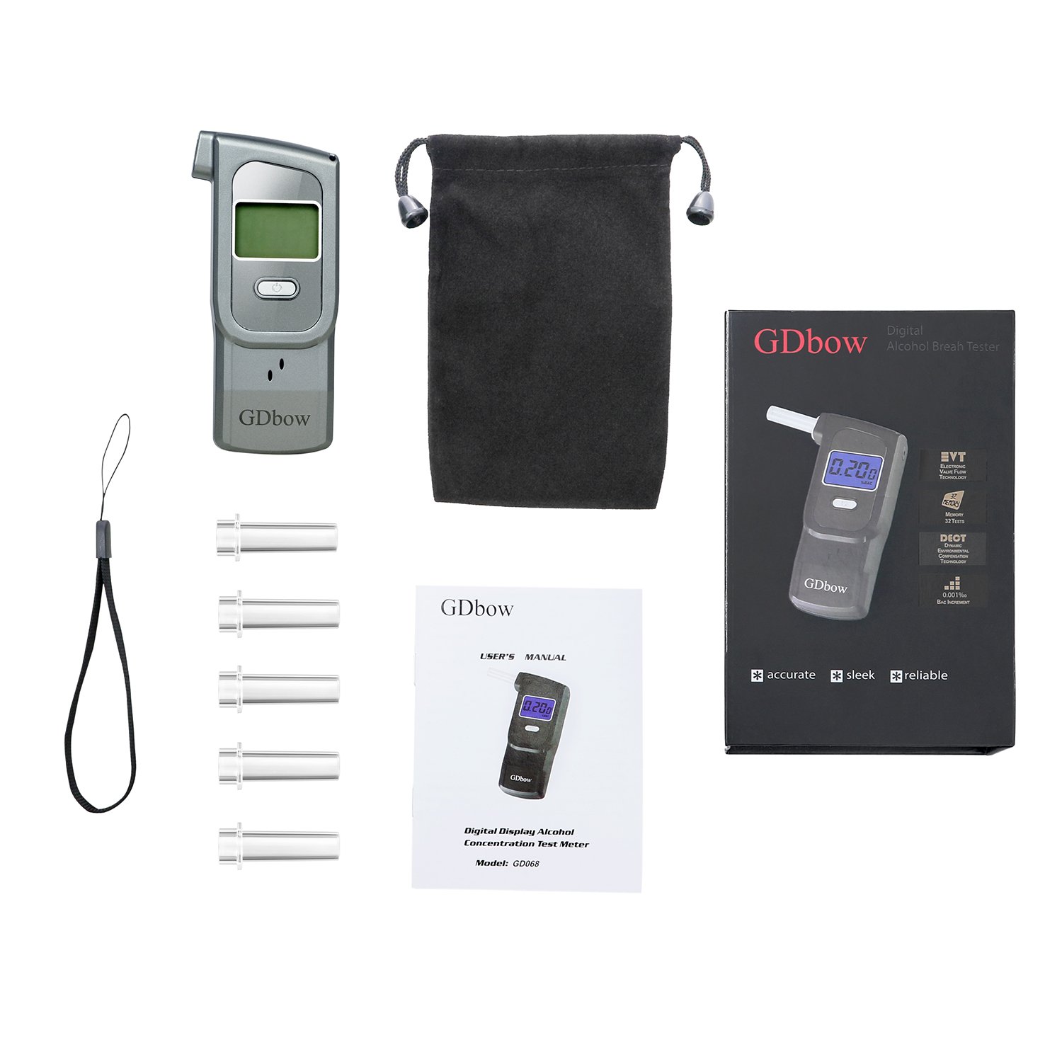 Portable Breathalyzer Alcohol Tester with 32 Test Memory & 5 Mouthpieces - Grey | Accurate BAC Measurement for Personal, Workplace & Road Safety
