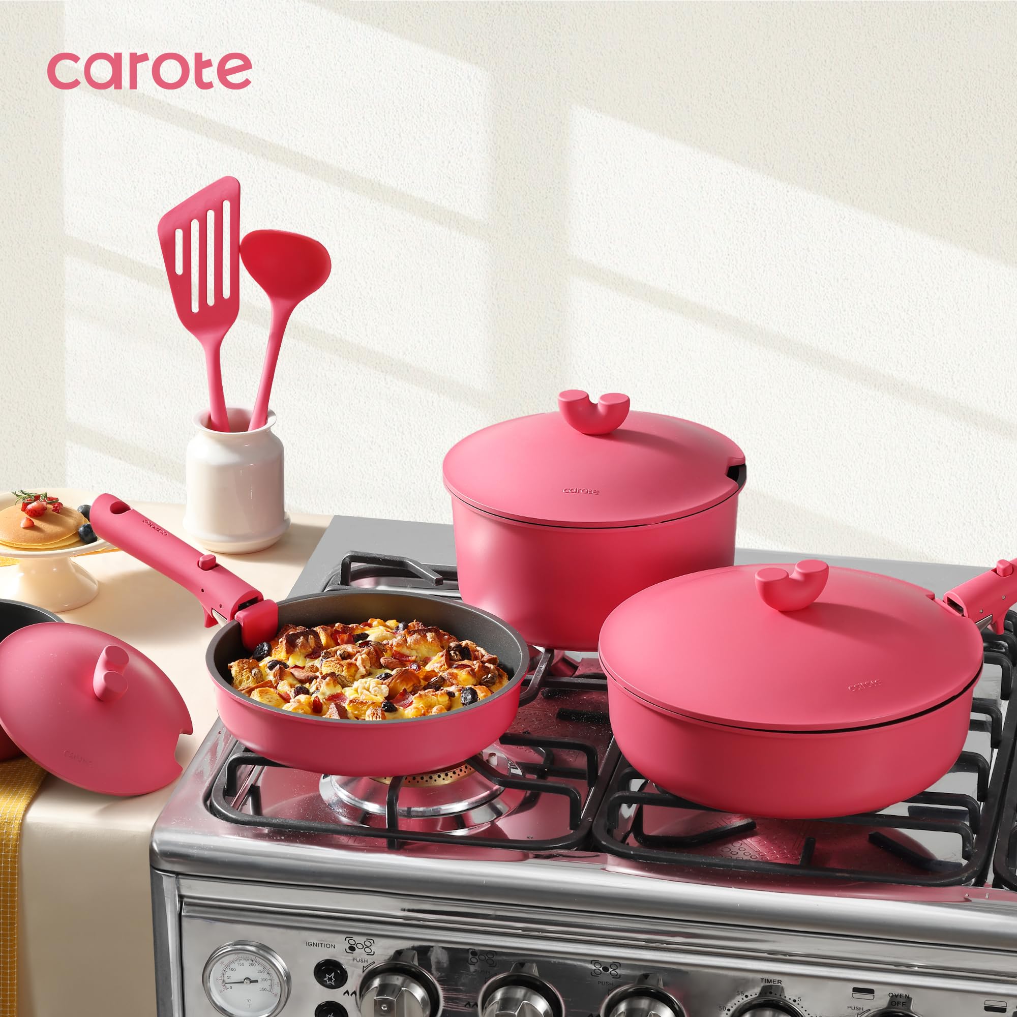 CAROTE 24-Piece Nonstick Pots and Pans Set - Oven, Dishwasher & Fridge Safe - Induction Compatible Cookware with Detachable Handles - Perfect for RV, Kitchen & Gifting (Pink) | Ideal for Home Cooking, Camping & Small Spaces