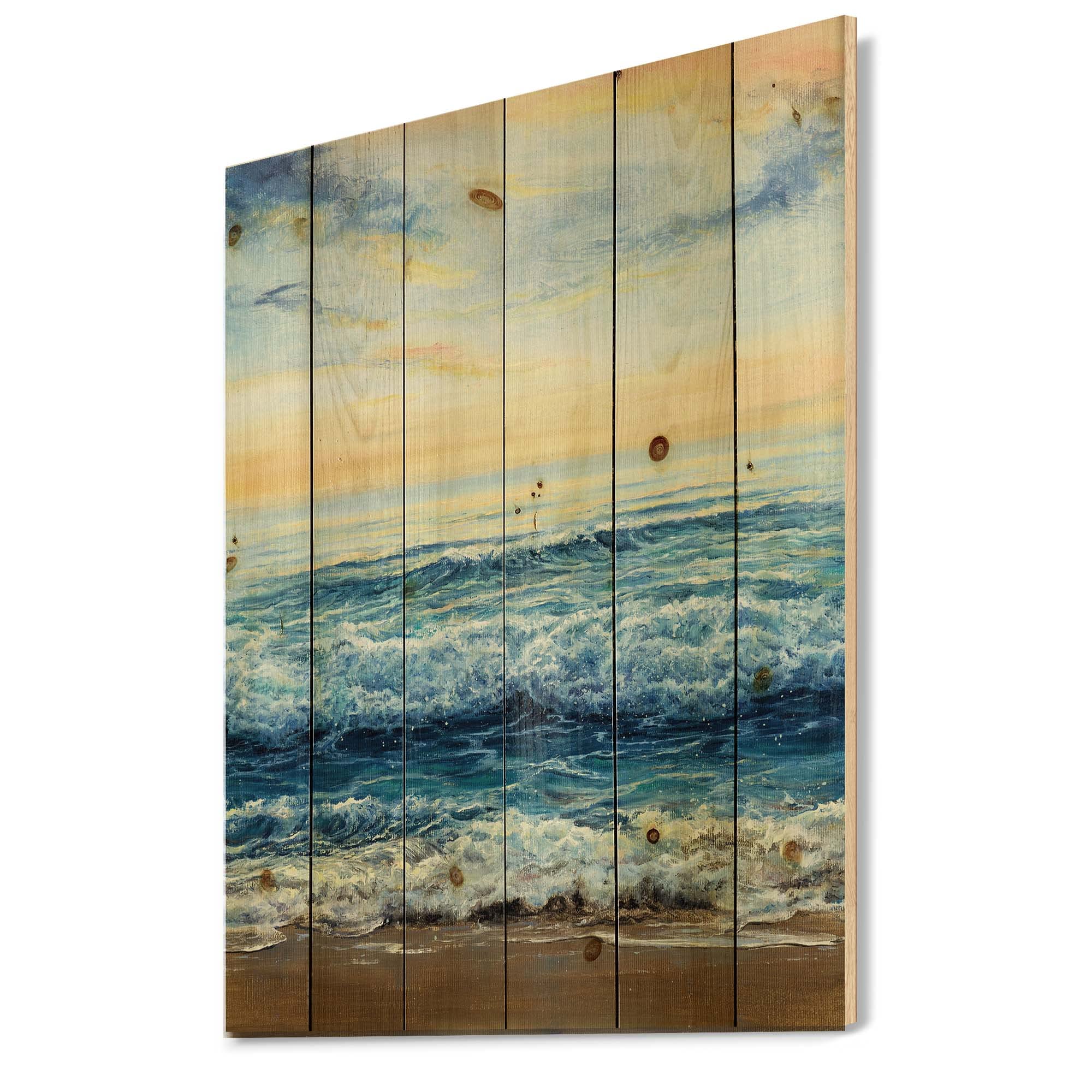 DesignQ Ocean Waves At Dawn Nautical Coastal Wood Wall Decor - Blue Wood Wall Art for Beach House - Large Pine Wood Wall Panels with Printed Seascape - Perfect for Living Room, Bedroom & Coastal Home Decor