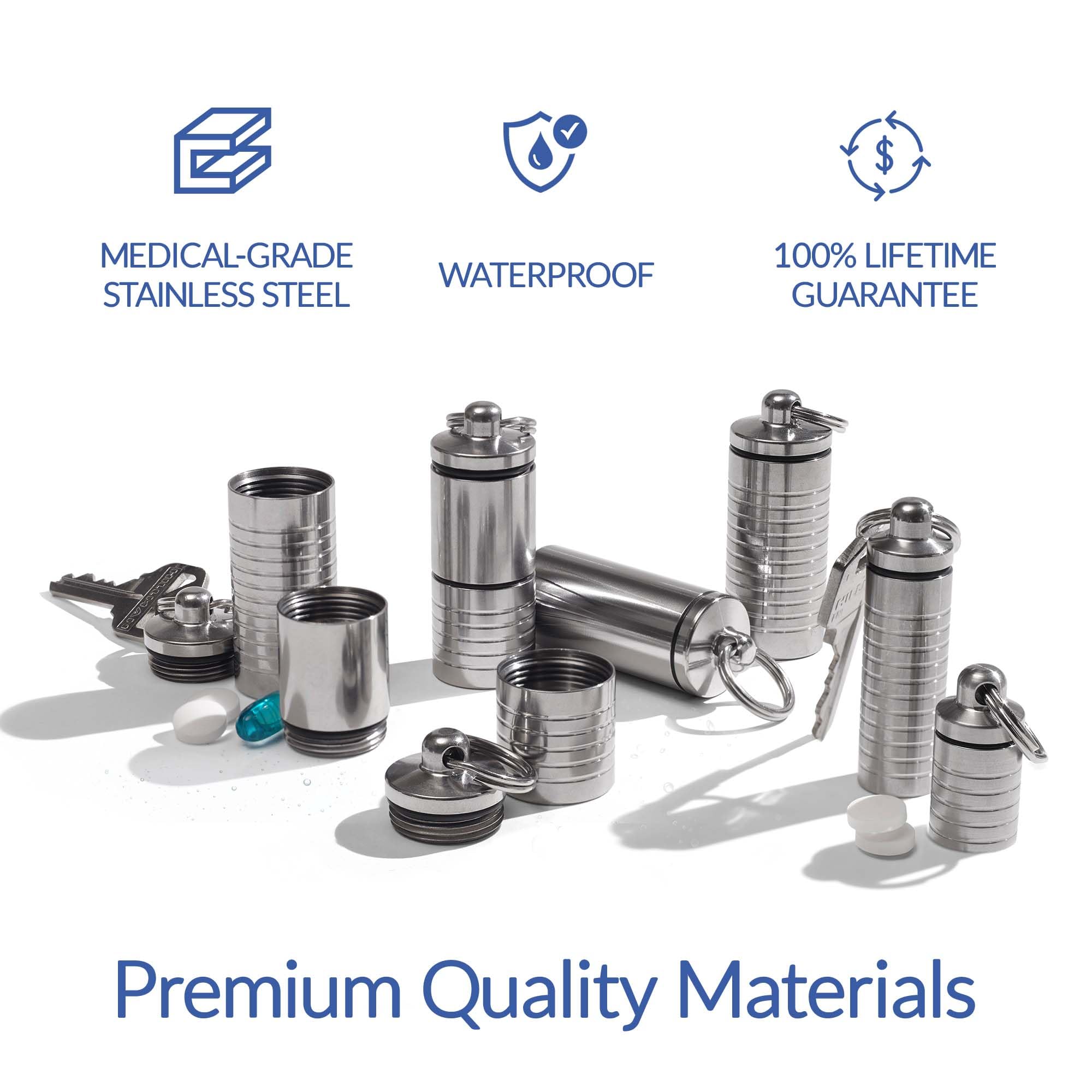 Dual Chamber Keychain Pill Holder - Stainless Steel Waterproof Pill Case - Compact & Customizable - Made in USA - Perfect for Travel, Gym & Daily Medication Storage