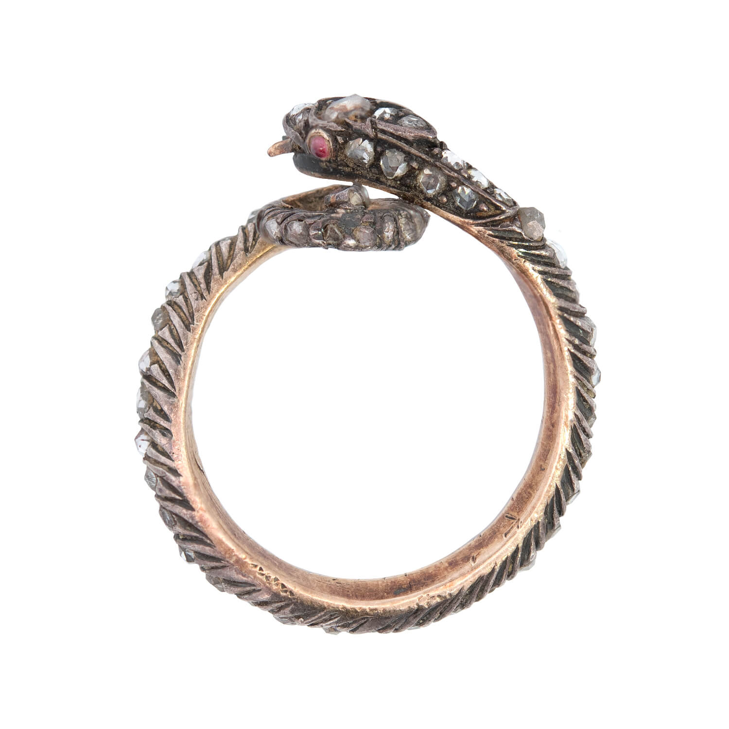 15K Gold & Sterling Silver Rose Cut Diamond Snake Ring - Elegant Vintage Jewelry for Women, Perfect for Parties, Weddings & Special Occasions