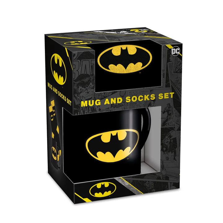 Batman Logo Coffee Mug & Socks Gift Set - Official DC Comics Merchandise - Perfect for Superhero Fans, Office Use & Geek Gifts