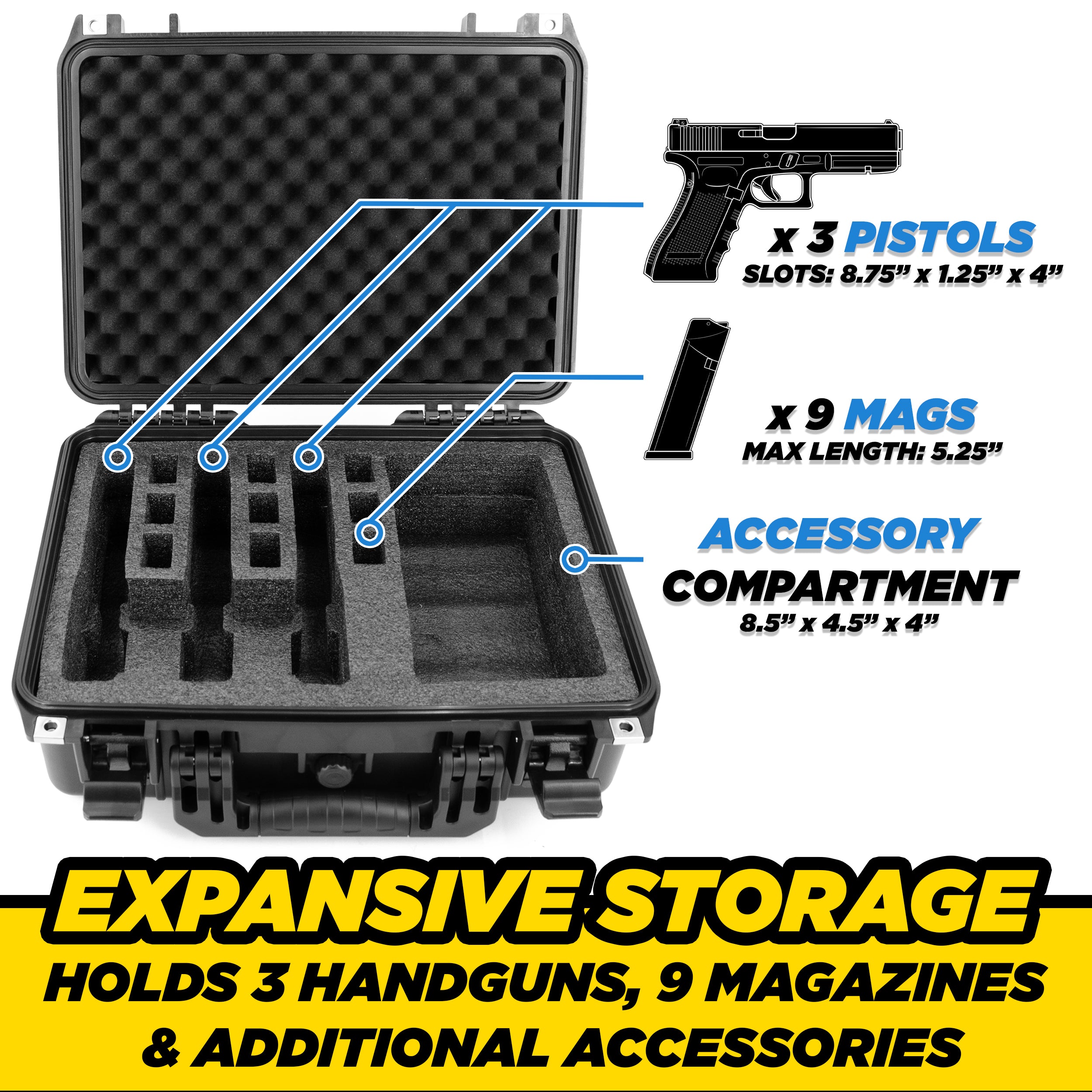 CASEMATIX TSA Approved 3 Pistol Case - 16 Inch Waterproof Handgun Case for 3 Handguns & 9 Magazines with Accessory Storage | Durable Gun Carrying Case for Travel, Range & Secure Storage | Perfect for Air Travel, Shooting Range & Firearm Protection