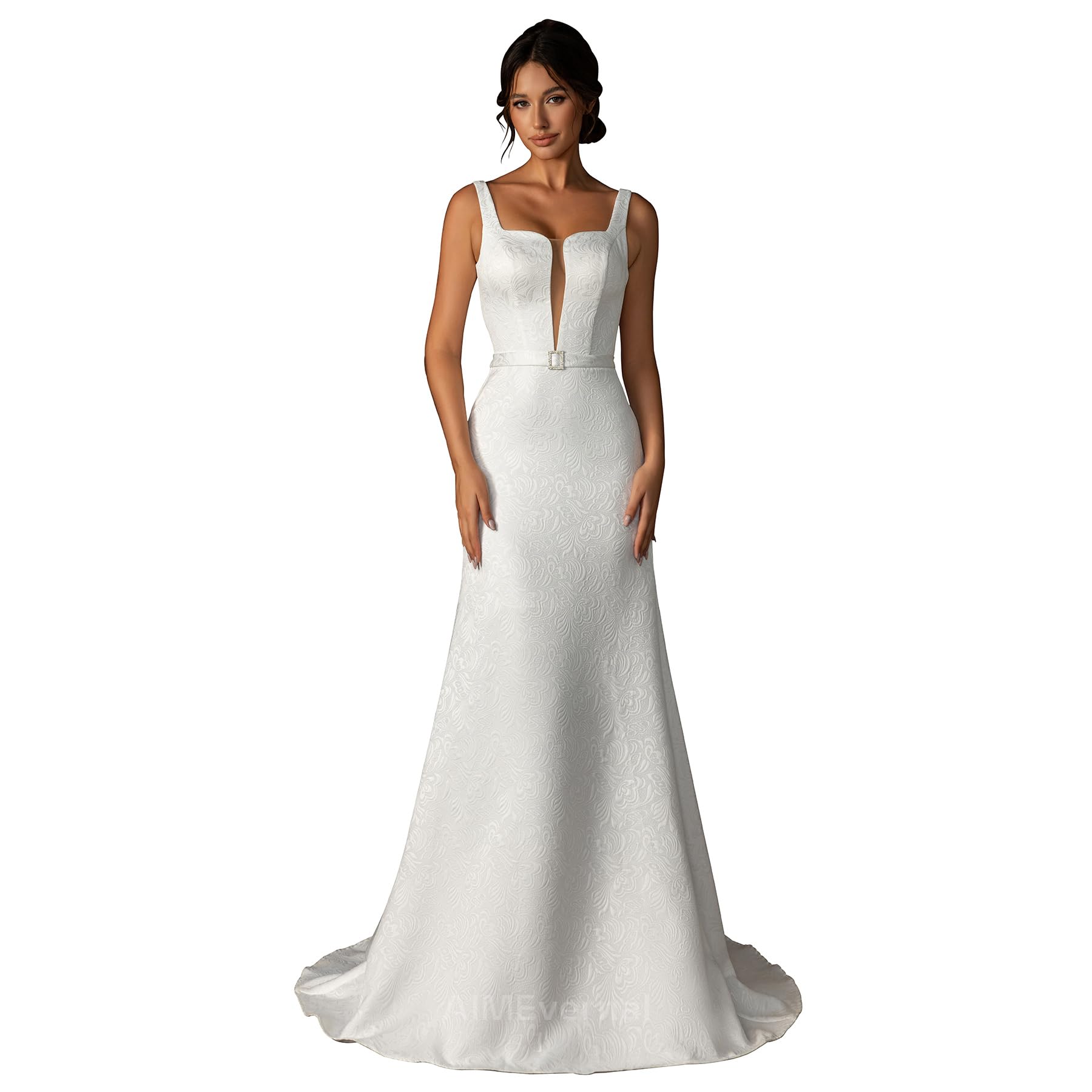Elegant Royal Style Wedding Dress 2024 | Summer Beach Wedding Gown | Simple Deep V-Neck Bridal Gown | White Jacquard Sleeveless Floor-Length Dress for Wedding, Bridal Shower & Cocktail Parties | Perfect for Beach Weddings, Garden Ceremonies and Formal Events