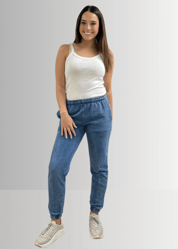 Light Denim French Terry Pocket Joggers for Women - Comfortable All-Day Lounge Pants for Yoga, Running & Casual Wear