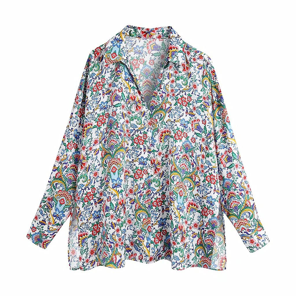 YCZDG Women's Vintage Floral Print Loose Fit Blouse - Long Sleeve Button Up Shirt Chic Casual Top (Size L) | Perfect for Office, Date Night & Spring Outfits