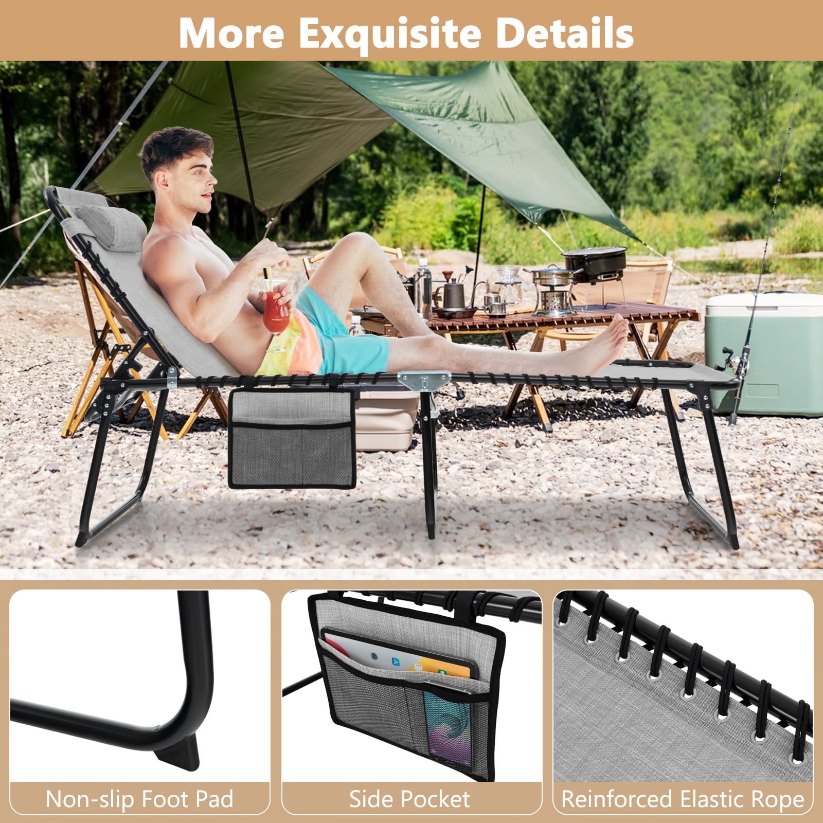 Giantex Folding Patio Lounge Chair with Headrest - 4 Adjustable Positions & Side Pocket - Outdoor Tanning Chaise Lounge for Camping, Pool, Beach, Backyard - Comfortable Sunbathing Chair for Relaxation (Grey)