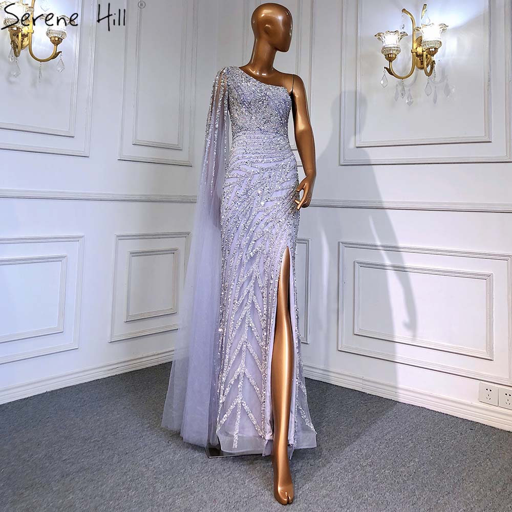 Elegant Lilac High-Slit Mermaid Evening Dress with Beaded Details - One Shoulder Sexy Prom Gown for Women - Perfect for Parties, Galas & Formal Events