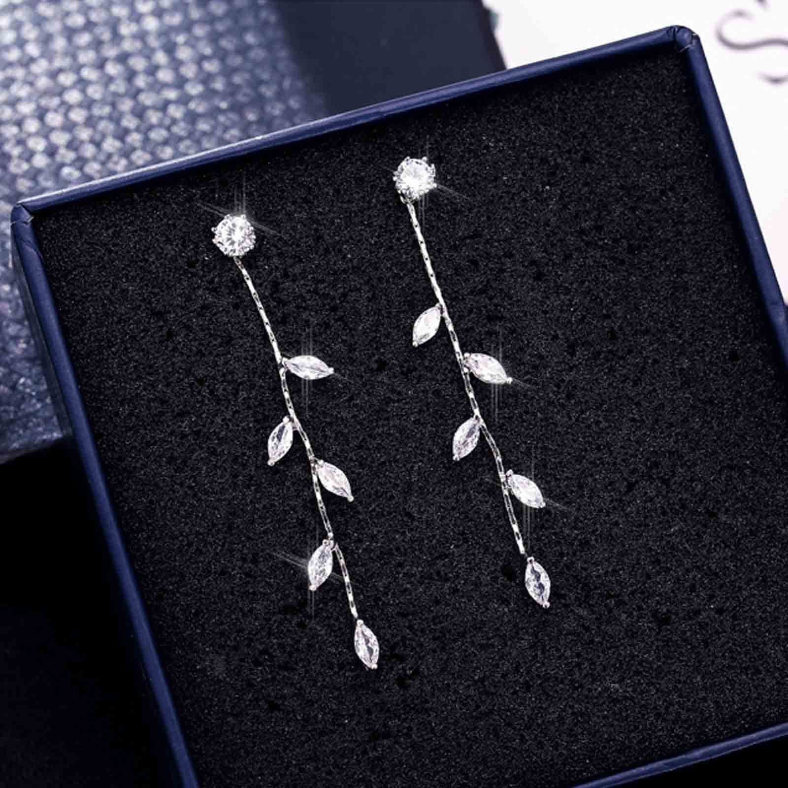 Crystal Leaf Drop Earrings - Silver CZ Rhinestone Dangle Earrings for Women | Elegant Wedding Jewelry & Party Accessories