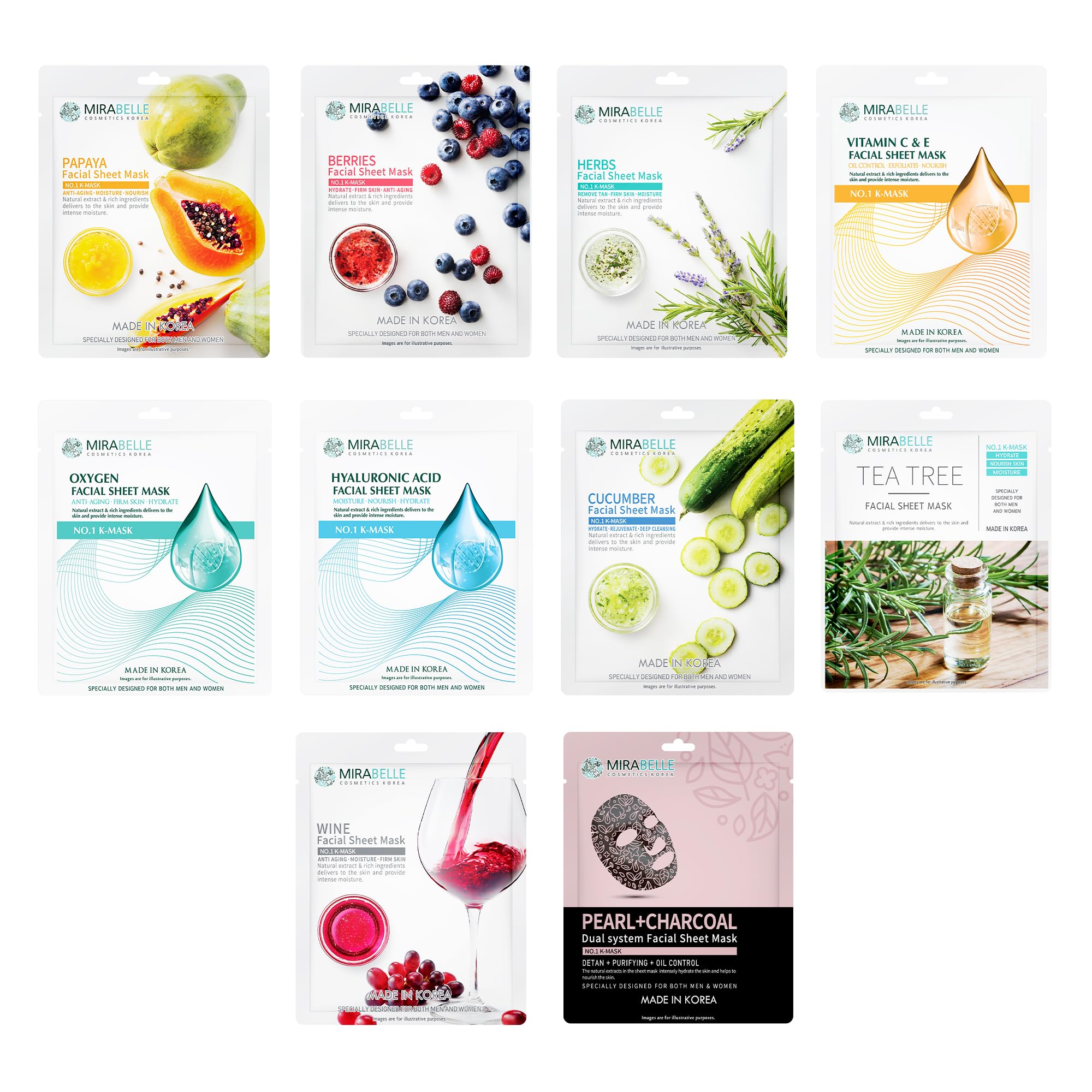 MIRABELLE COSMETICS KOREA Crystal Clear Skin Facial Sheet Mask 10-Pack - Hydrating & Brightening for Glowing Skin | Perfect for Daily Skincare Routine & Spa Night
