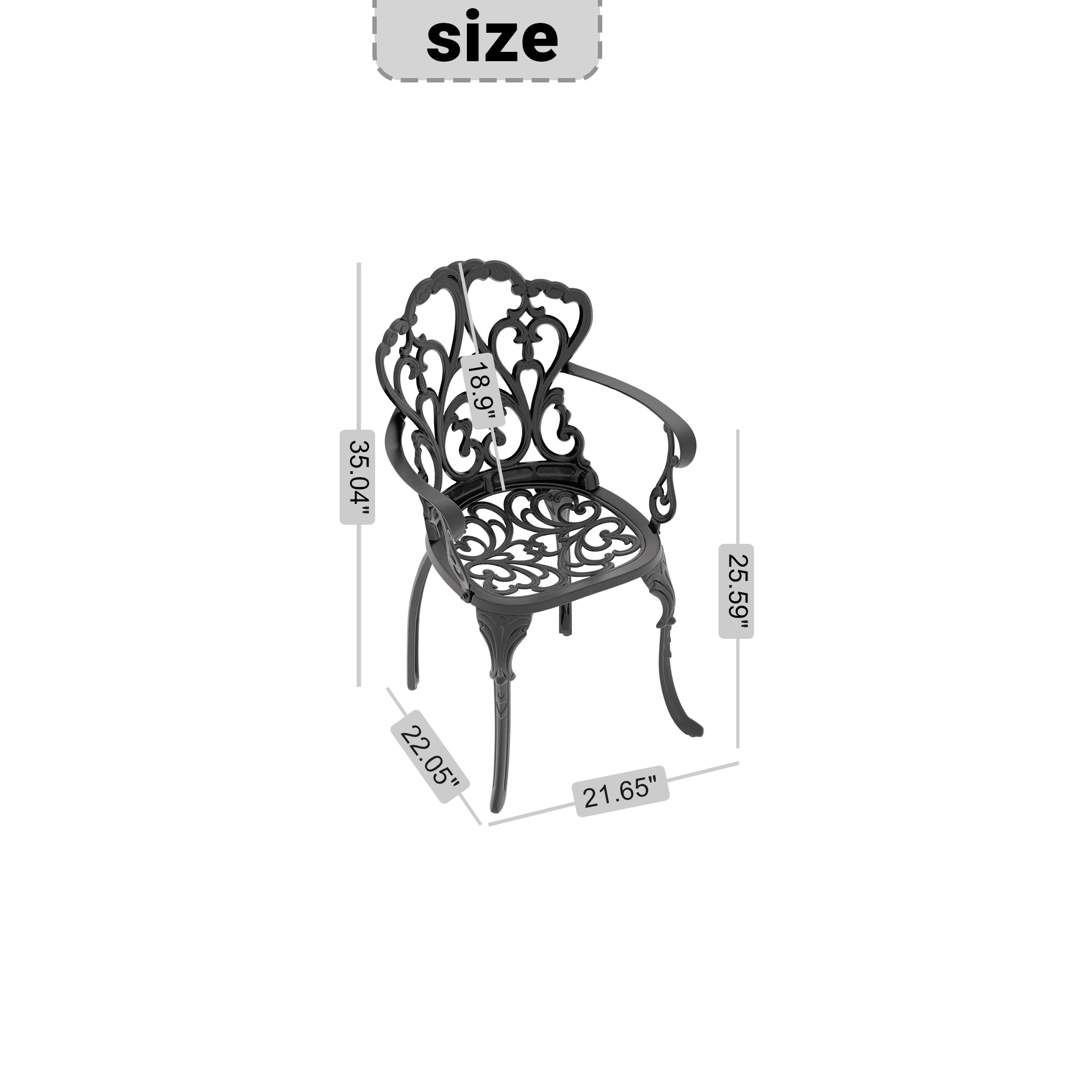 2-Pack Cast Aluminum Patio Dining Chairs with Black Frame & Cushions - Outdoor Garden, Poolside, Restaurant Furniture for Backyard, Deck, or Terrace