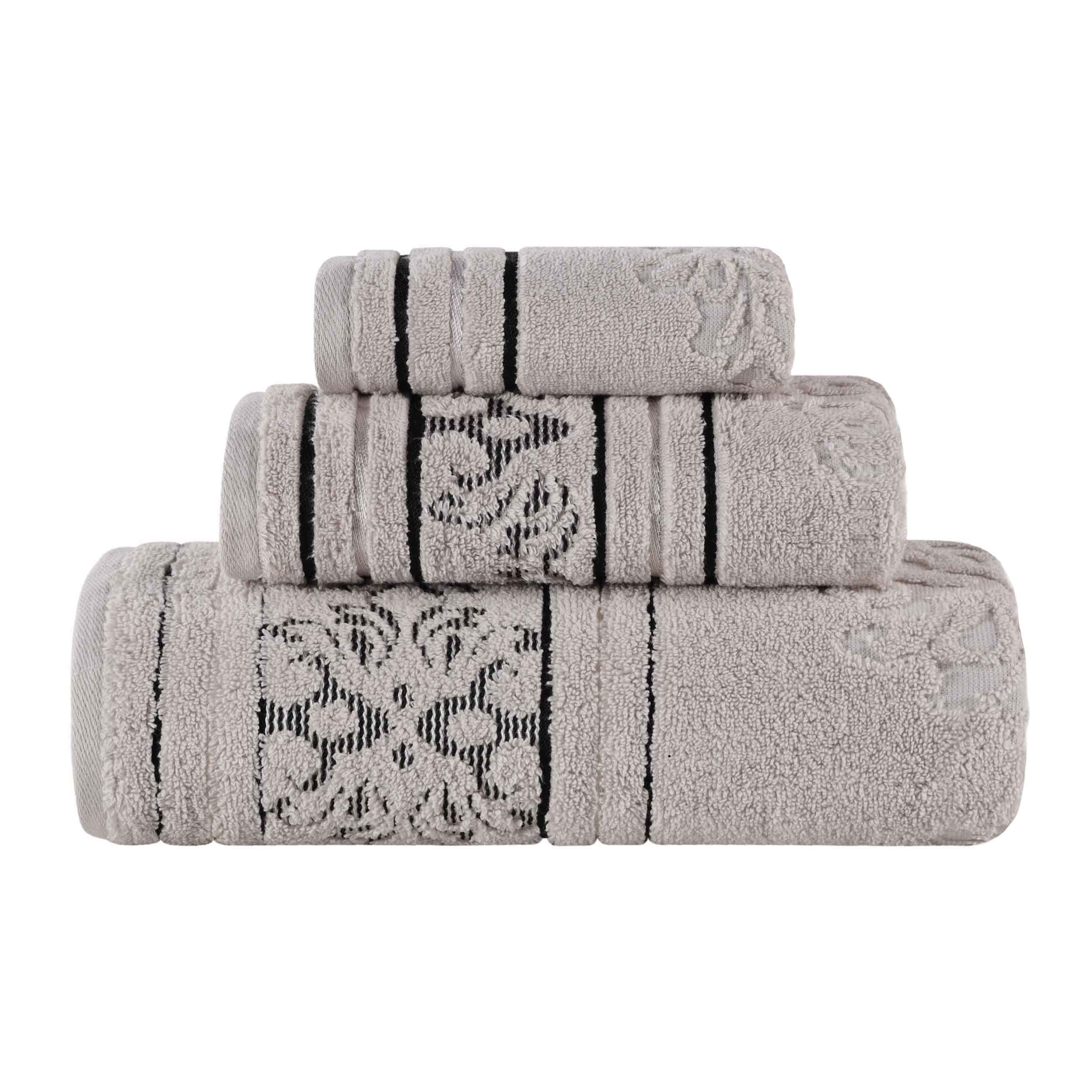 Premium Sadie Zero Twist Cotton 3-Piece Jacquard Towel Set with Elegant Floral Design - Soft Bath Towels for Spa, Guest Bathroom & Luxury Home Decor