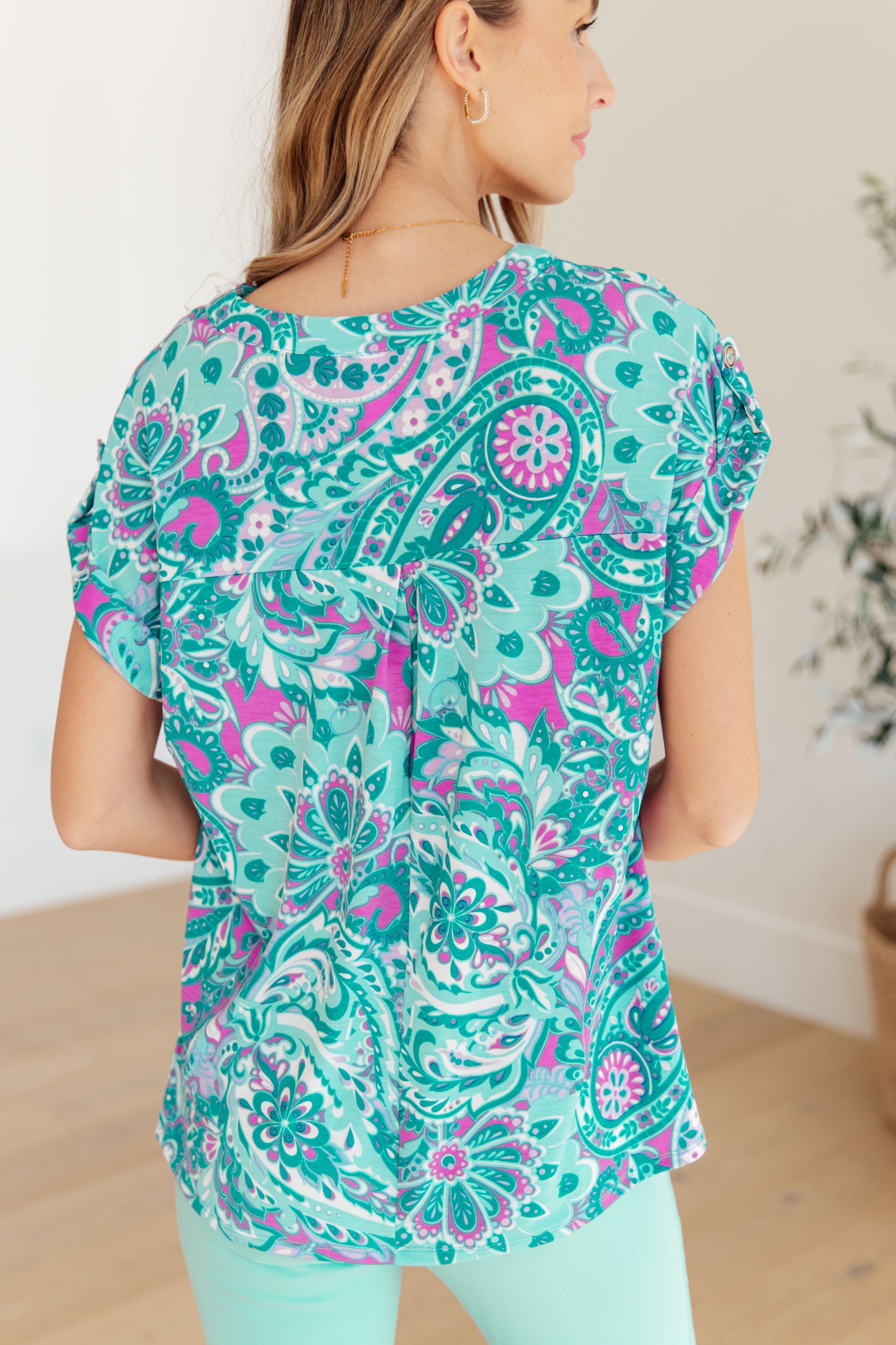 Lizzy Cap Sleeve Top | Magenta & Teal Paisley Print Women's Blouse | Casual Summer Tops for Outdoors & Date Nights