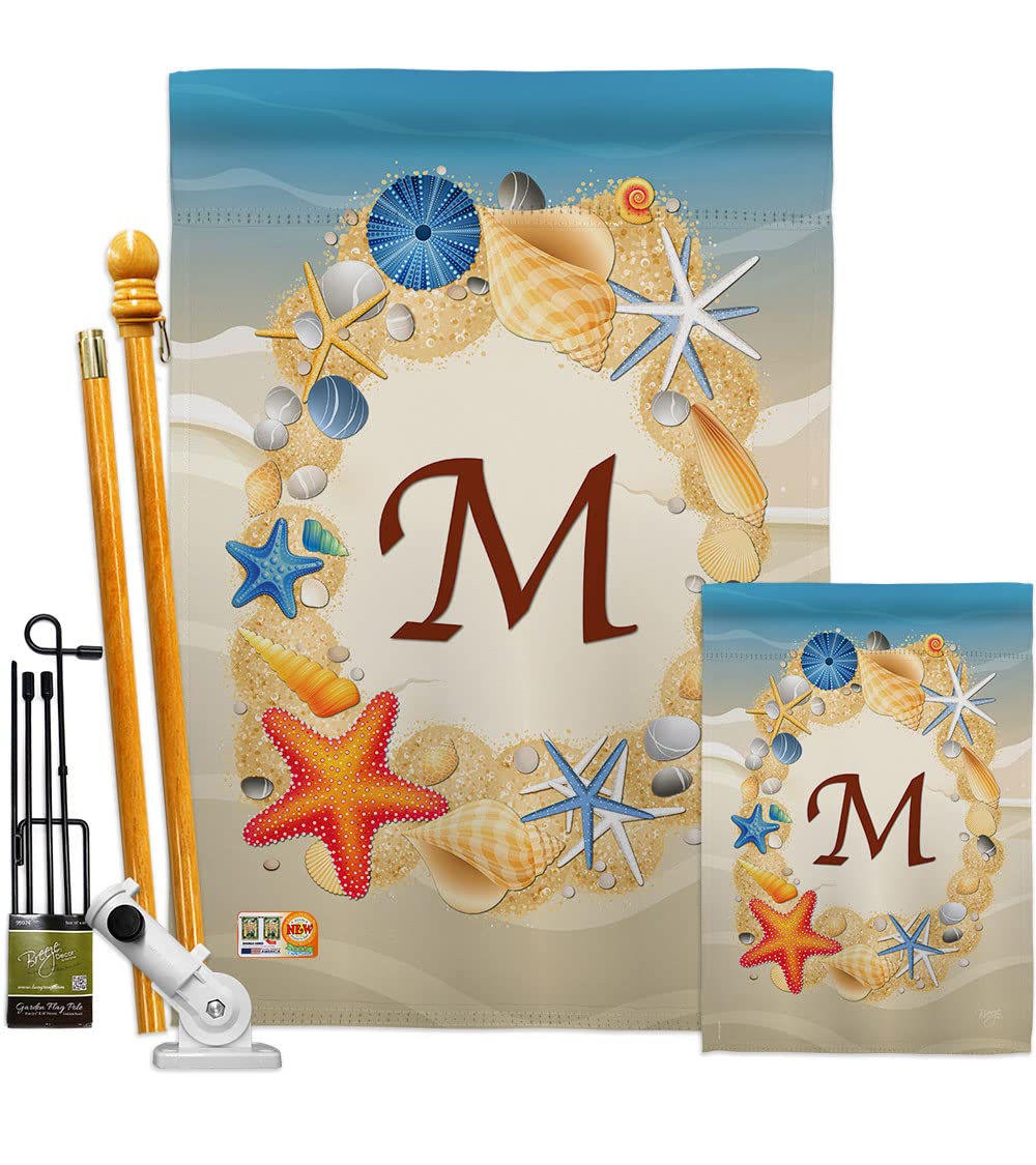 Coastal Beach Decor Flags Set w/Flagpole - Summer M Initial for Garden & Home