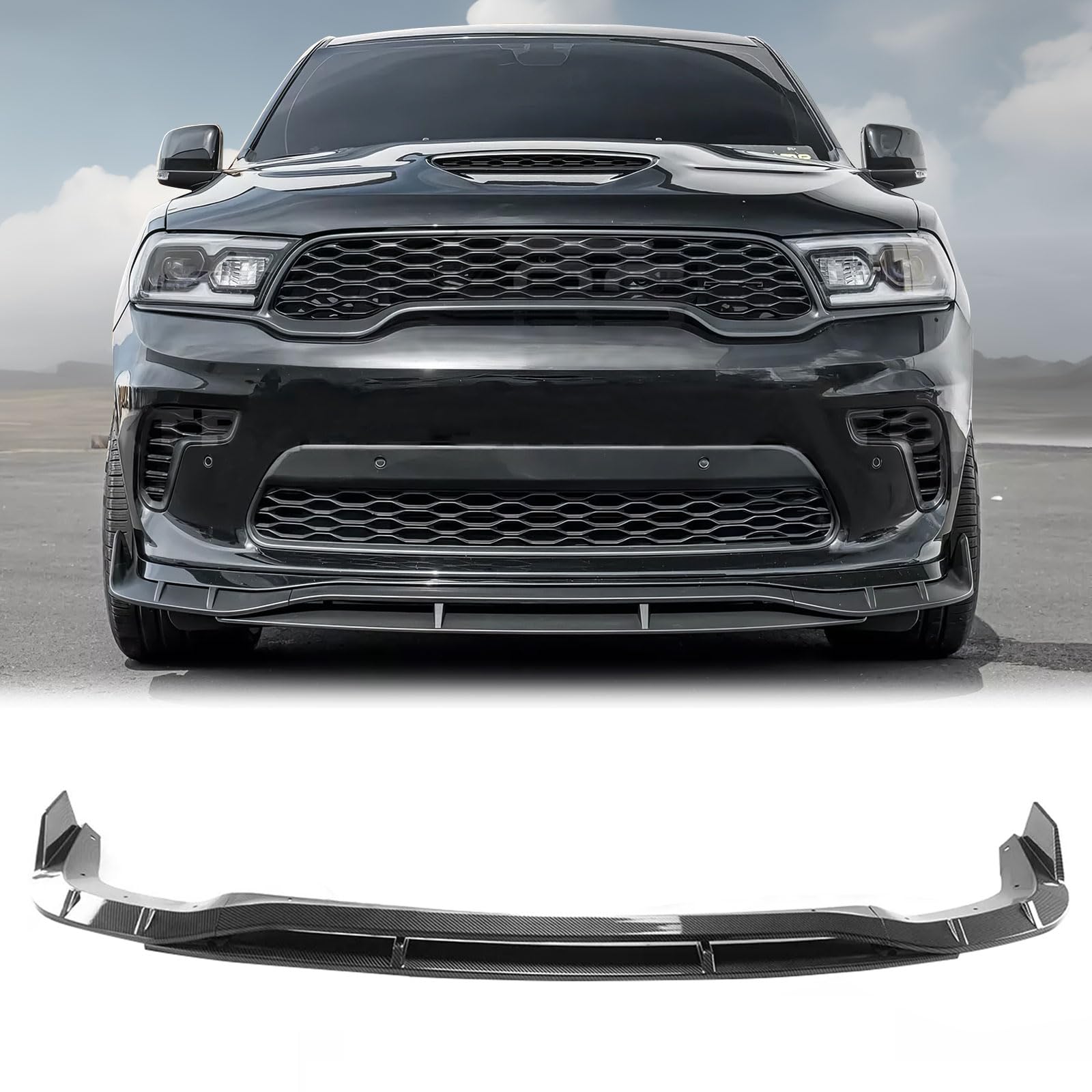 FREEMOTOR802 Front Bumper Lip Splitter for 2021-2025 Dodge Durango SRT Hellcat | IKON Style ABS Plastic Air Dam Chin Spoiler | 4PCS Carbon Fiber Style Underbody Lower Guard Protector | Perfect for Street Racing & Car Shows