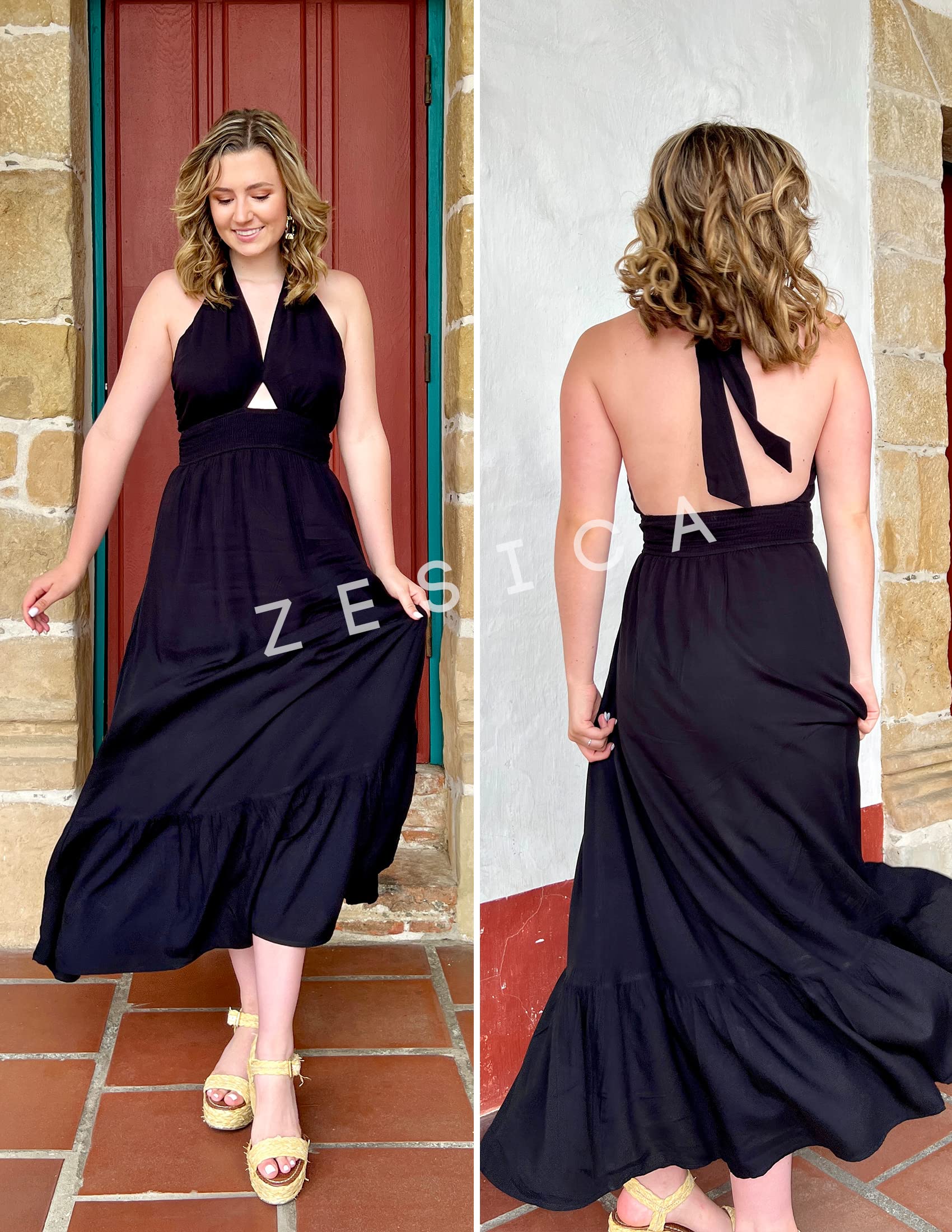 ZESICA Women's Summer 2025 Halter Neck Sleeveless Plaid Maxi Dress with Cut Out Back - Flowy A-Line Beach Wedding Party Dress for Vacation & Evening Out