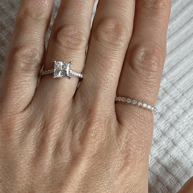 Princess Cut Pavé Moissanite Engagement Ring - 14K White Gold Wedding Band for Women | Sparkling Diamond Alternative for Proposals, Anniversaries & Special Occasions