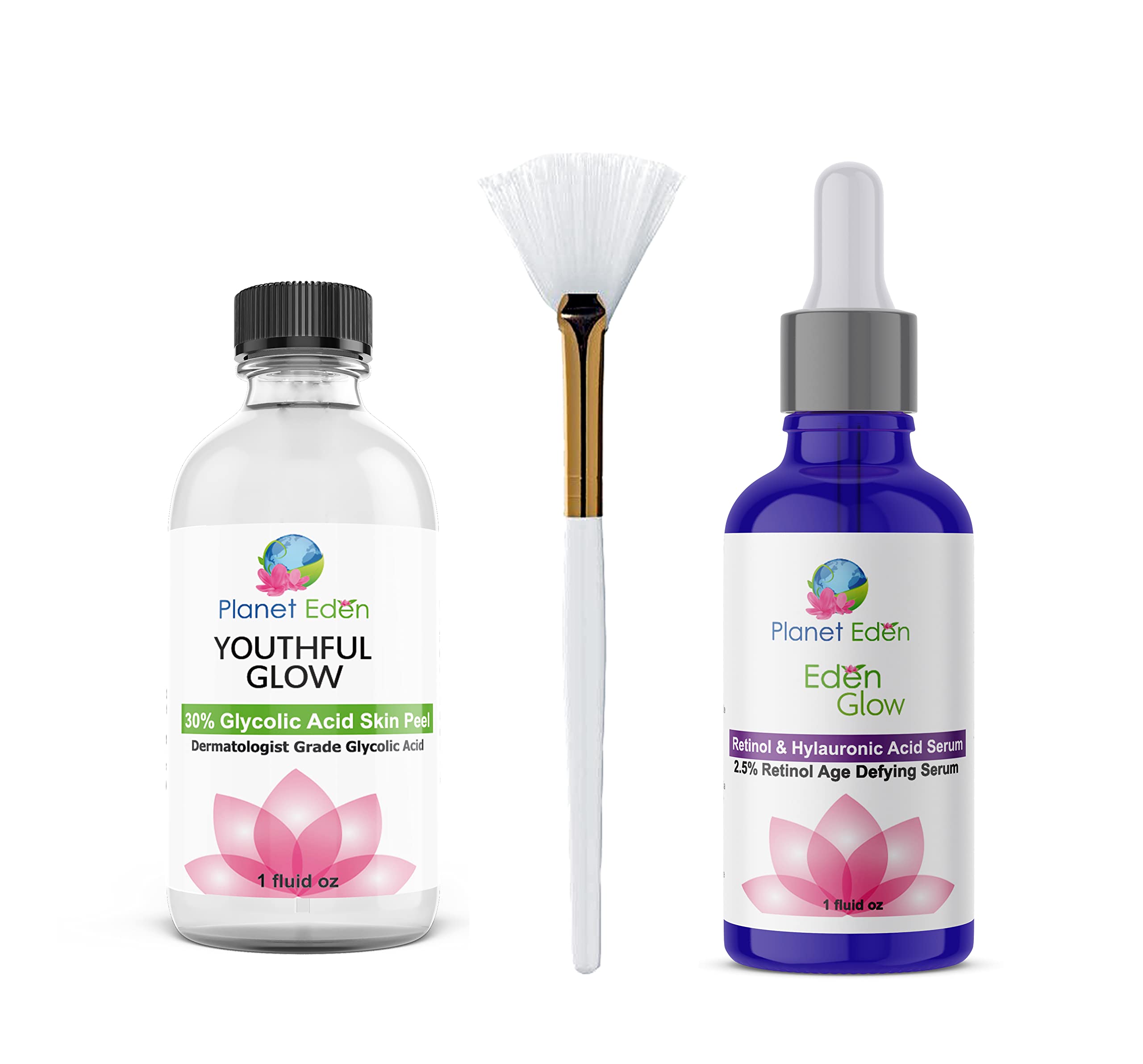 Planet Eden 30% Glycolic Acid Chemical Peel Kit with Hyaluronic Acid & 2.5% Retinol Serum - Professional Dark Spot Corrector for Acne Scars, Wrinkles, Fine Lines | Includes Fan Brush | Perfect for At-Home Facial Treatments & Sun Damage Repair