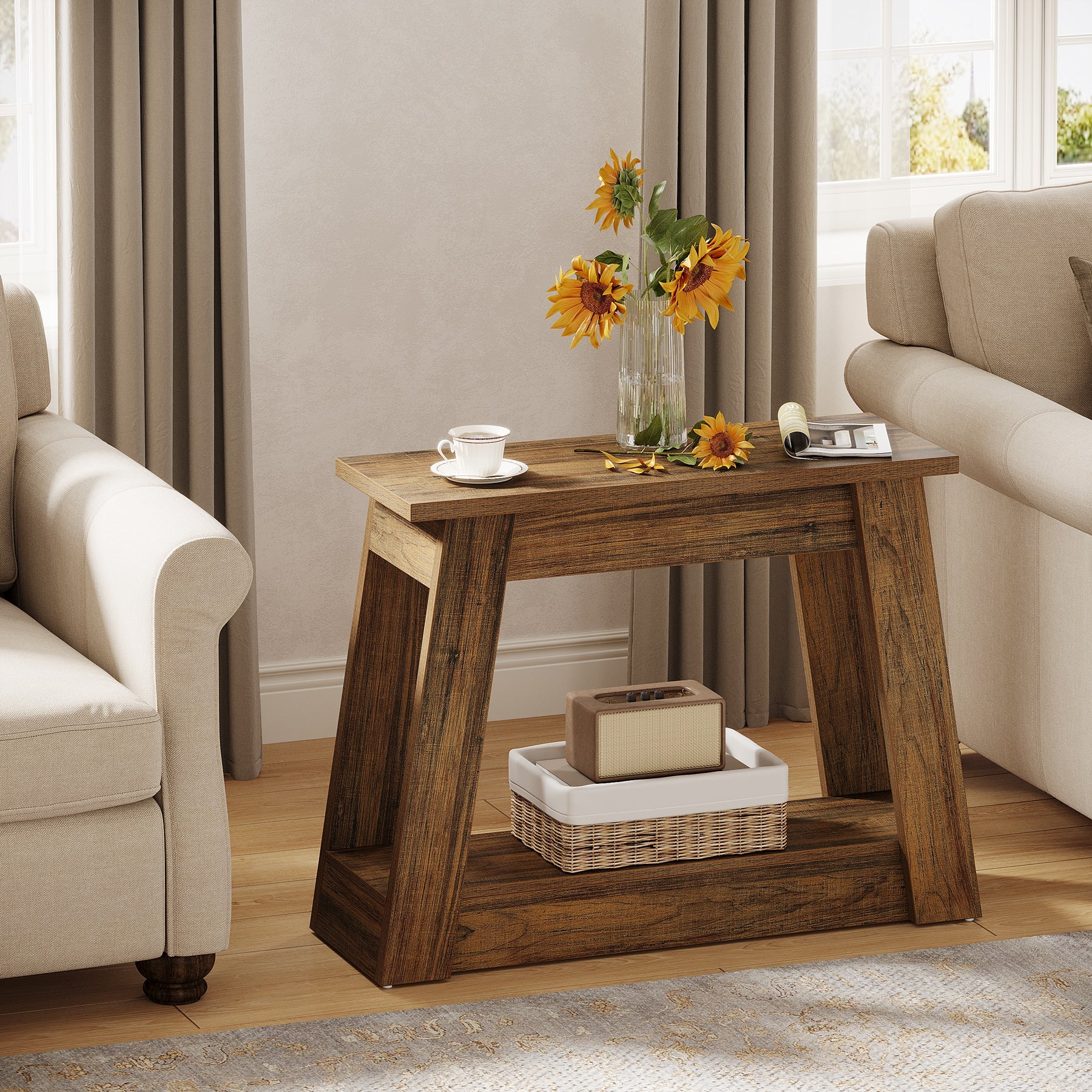 Modern Wood End Table with 2 Storage Shelves - Small Side Table for Living Room, Bedroom & Office - Perfect for Storing Books, Lamps & Decor