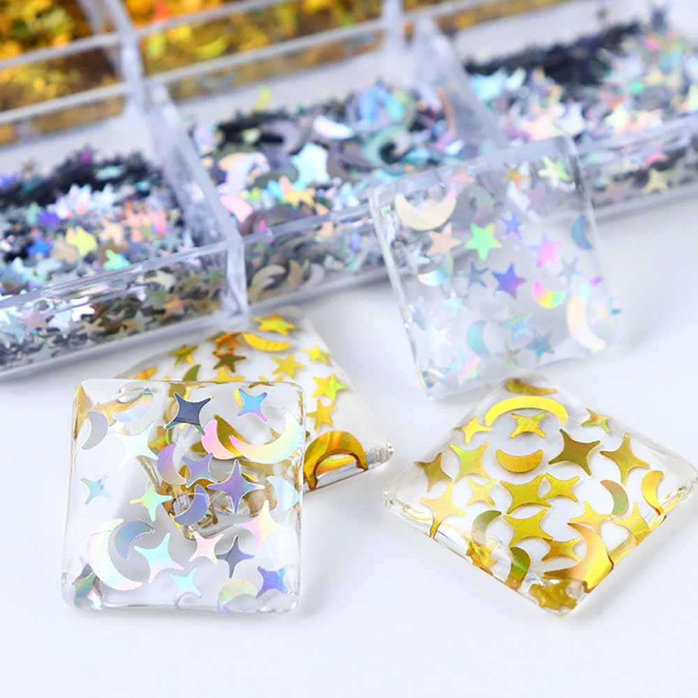 Dornail 6 Grids Nail Art Glitter Sequins Kit - Gold Silver Star Moon & 4-Pointed Stars 3D Nail Decorations for DIY Manicure | Shining Glitter Flakes for Nail Art, Party, Wedding & Salon Use
