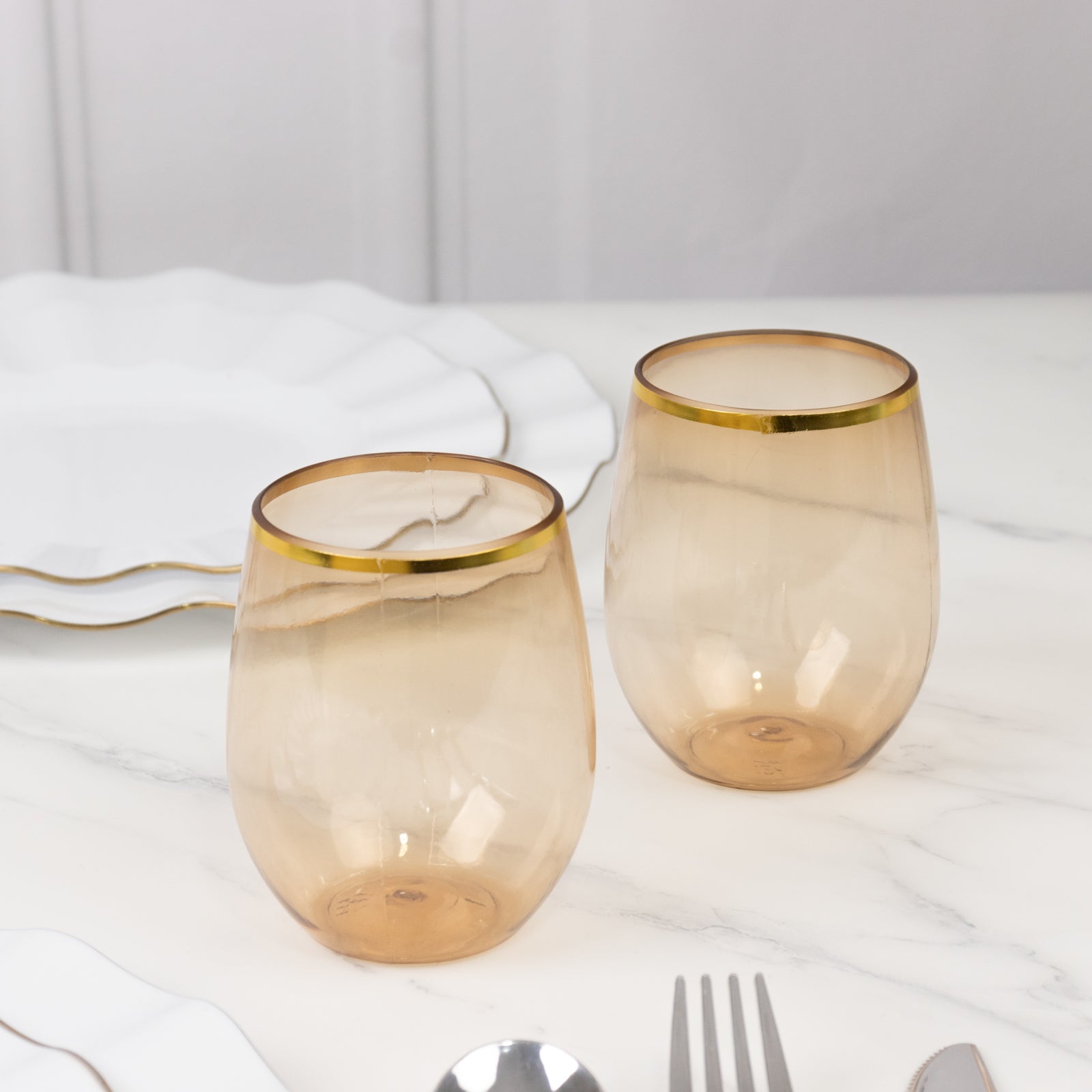 12 Pack Plastic Wine Tumblers - 12oz Reusable Drinkware with Gold Rim, Transparent Amber for Outdoor Parties, Picnics & Home Entertaining