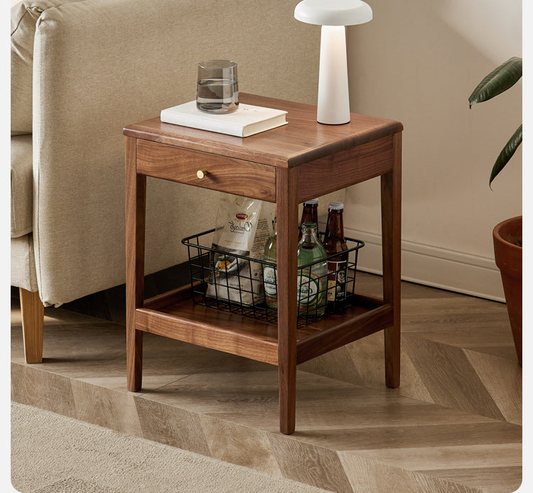 Black Walnut Solid Wood Narrow Nightstand - Modern Bedside Table with Drawer for Bedroom, Living Room & Small Spaces - Perfect for Storage & Décor