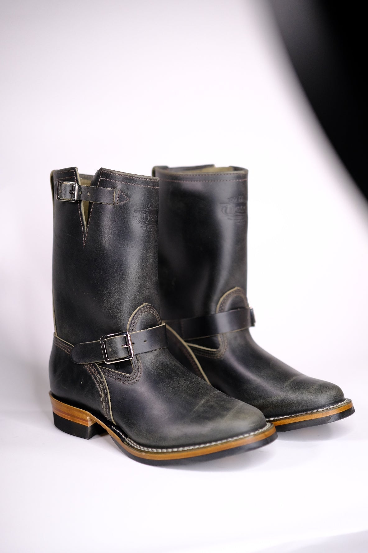 Premium Wesco Boots X The Shop Mister Lou - Petrolio Olive Waxed Black Horsehide Engineer Boots for Men | Durable Work & Motorcycle Riding Footwear