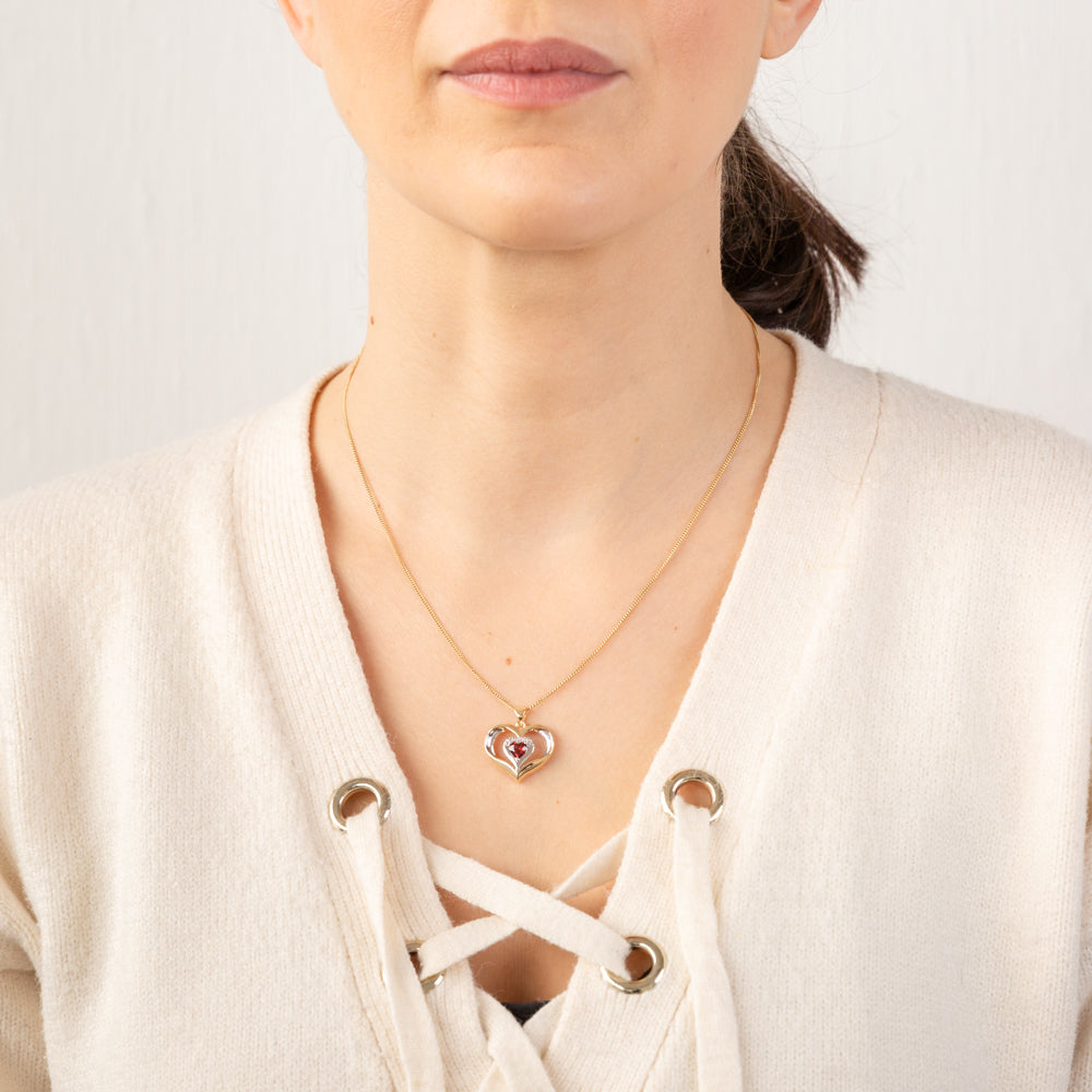 9ct Yellow and White Gold Heart Garnet and Diamond Pendant Necklace for Women - Elegant Valentine's Day Gift, Anniversary Jewelry, or Everyday Wear