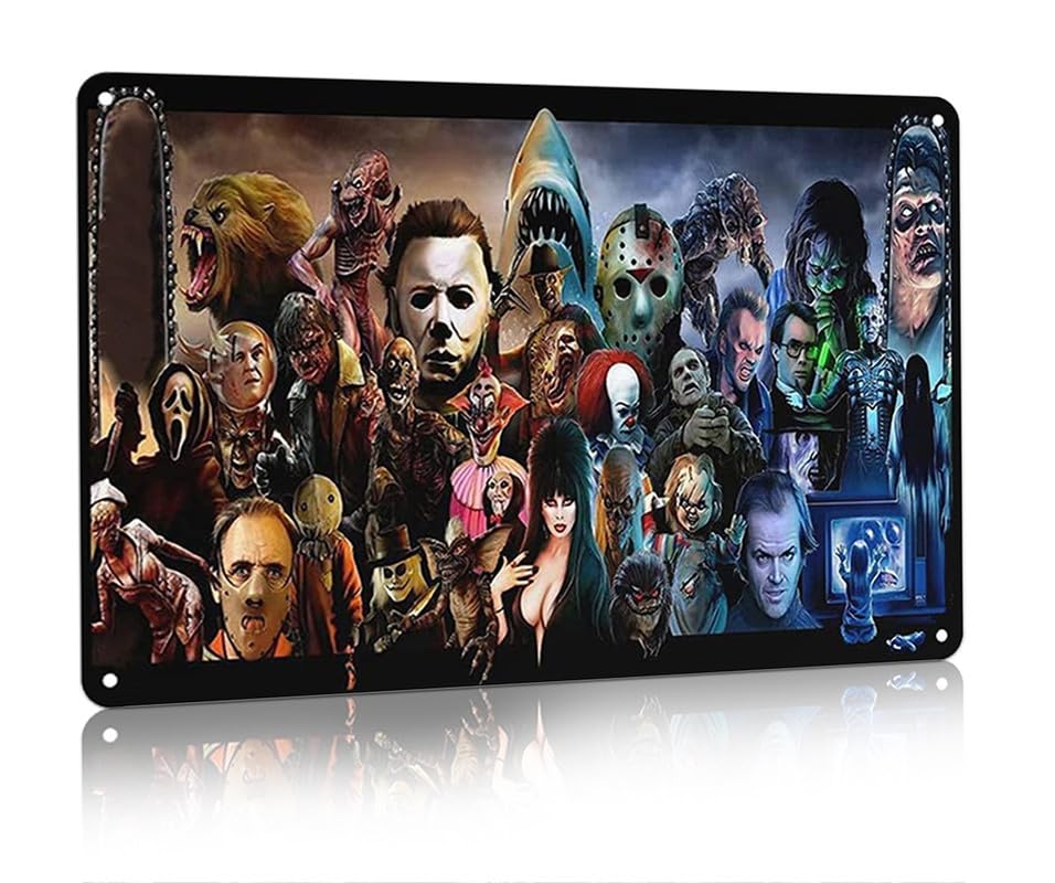 RIFOSA 8x12 Inch Vintage Halloween Horror Villains Movie Collage Metal Tin Sign - Perfect for Man Cave, Home Bar, Coffee Shop & Wall Decor
