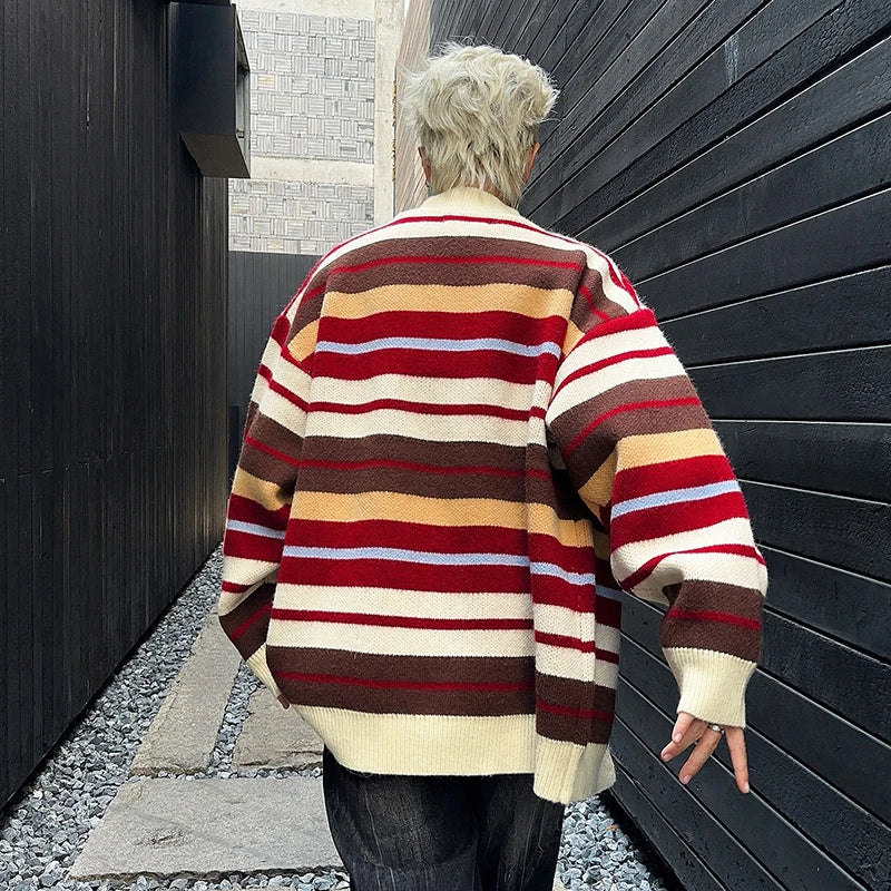 Men's Striped Zipper Knit Cardigan Sweater Jacket - Loose Fit Turtleneck Pullover for Spring 2025 | Casual Wear, Date Night & Couple Outfits | American Fashion 9C9259