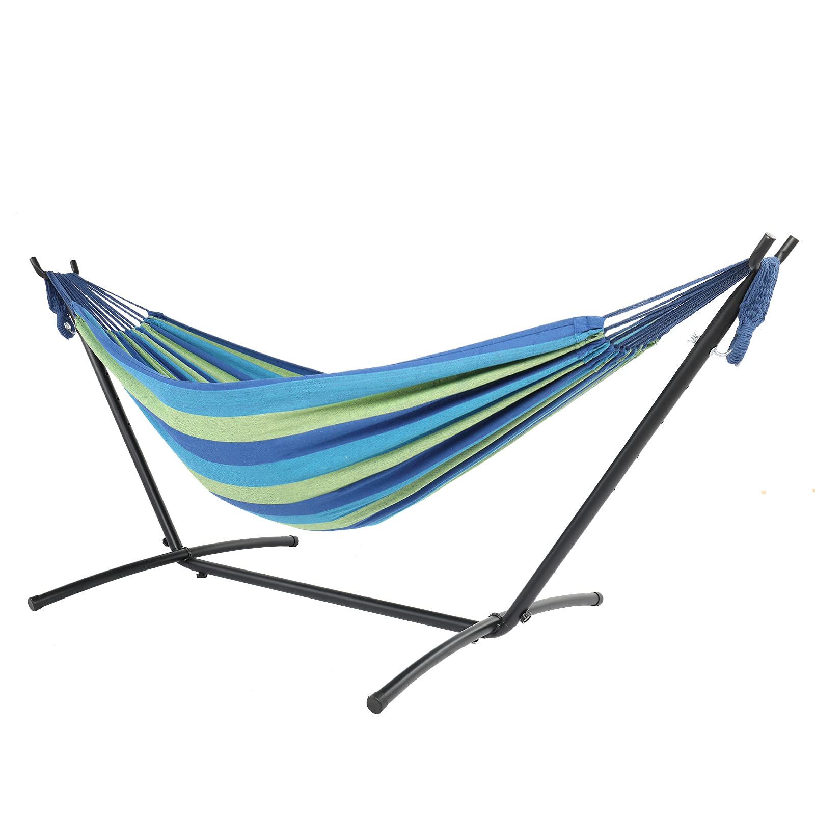 Heavy Duty Portable Hammock with Stand - Outdoor Camping Hammock for Backyard, Garden, Beach & Travel - Blue & Green Striped Design - Perfect for Relaxation, Picnics & Summer Adventures