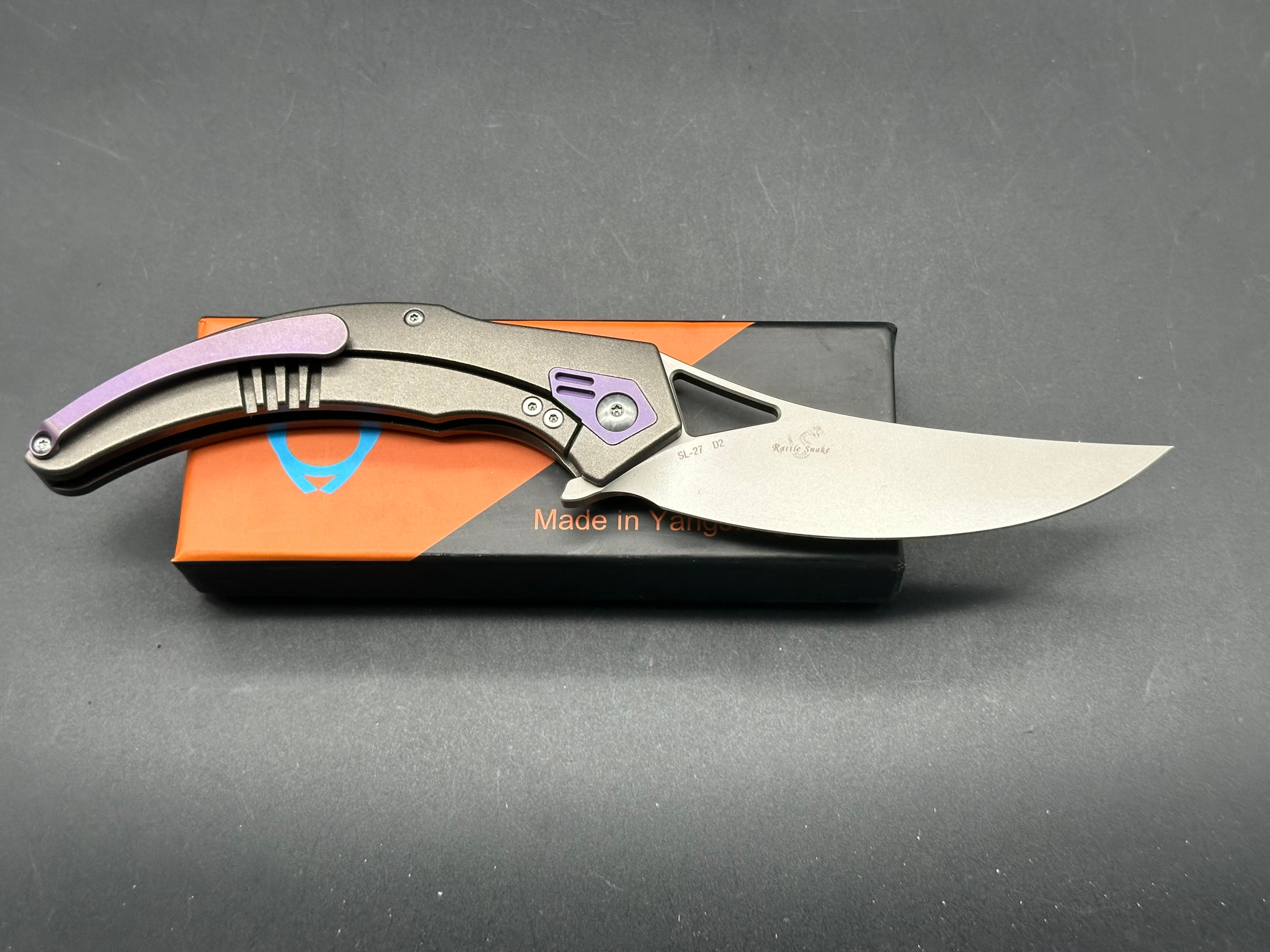 SixLeaf Rattle Snake Design Pocket Knife - Plain Edge D2 Blade, Sandwashed Titanium Handle - EDC, Outdoor, Camping & Survival Tool