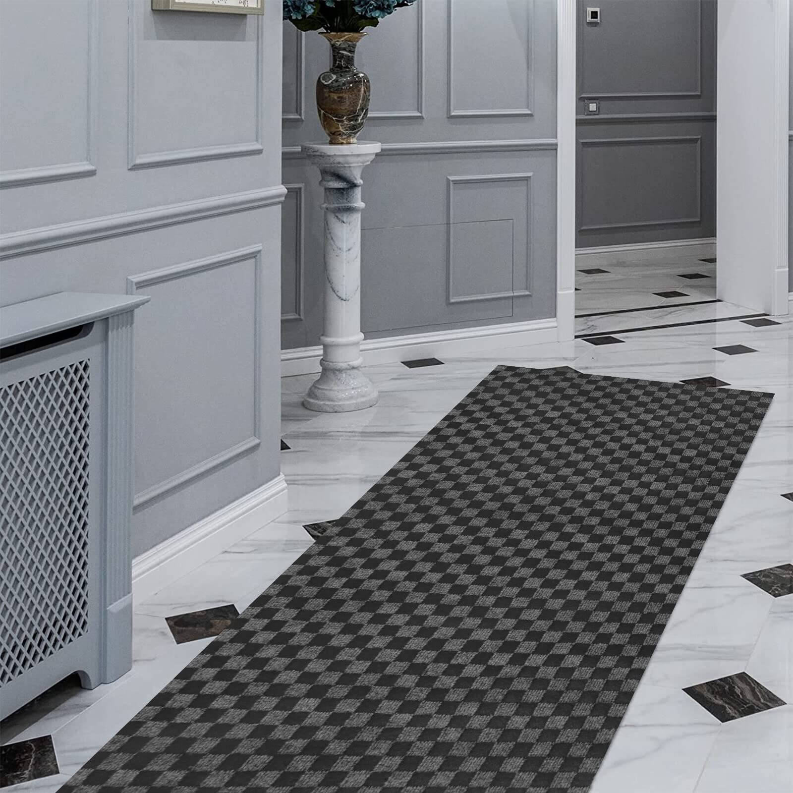 FREADEM 3' x 47' Runner Rugs - Non-Slip Indoor Outdoor Carpet for Hallway, Stairs, Entryway - Grey Checkered Design - Perfect for Home, Office, Balcony & Garage Use