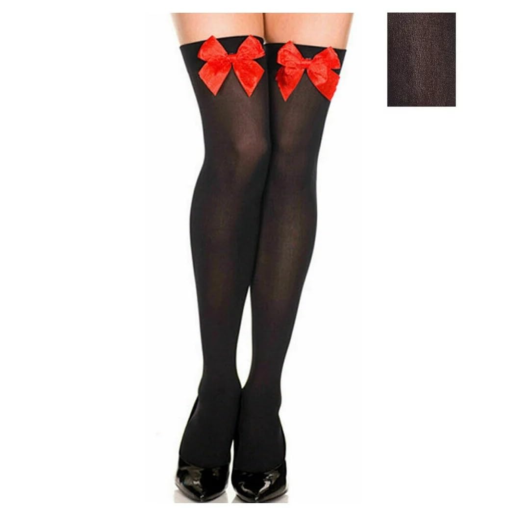 URBANWAZE Women's Black Thigh High Socks with Red Satin Bow - Over The Knee Hold Up Stockings for Party, Fancy Dress & Halloween - Opaque Knee High Socks for Women - Perfect for Cosplay, Christmas, and Festive Occasions