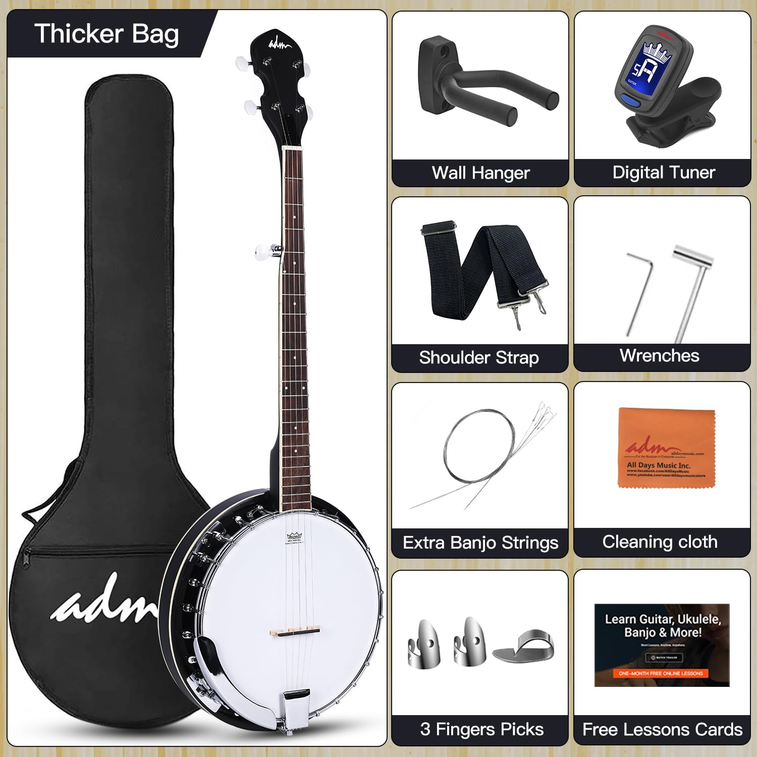 ADM 5-String Full Size Banjo Kit - 38 Inch Beginner Banjo with Resonator, Remo Drum Head (Open/Closed Back) | Free Lessons & Starter Accessories | Ideal for Adults & Teenagers | Perfect for Bluegrass, Folk Music & Beginners | Black