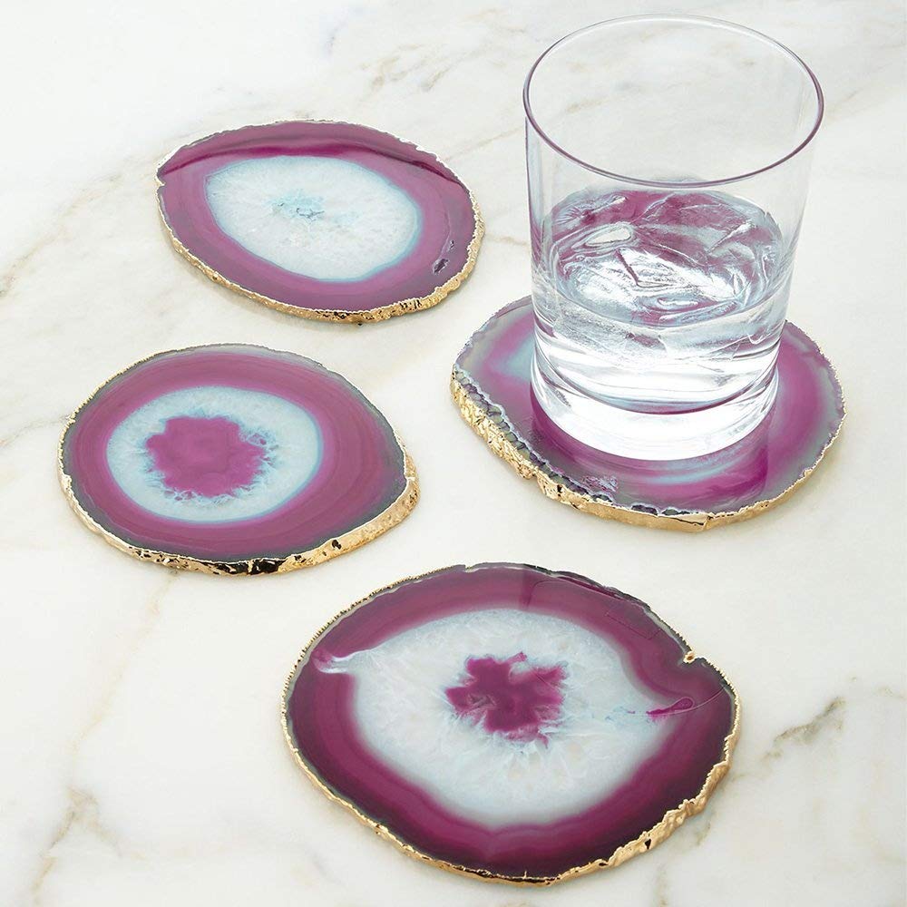 4-Piece Pink Agate Stone Coasters with Gold Trim - Elegant Table Decor for Coffee Tables, Dining Tables, and Home Styling