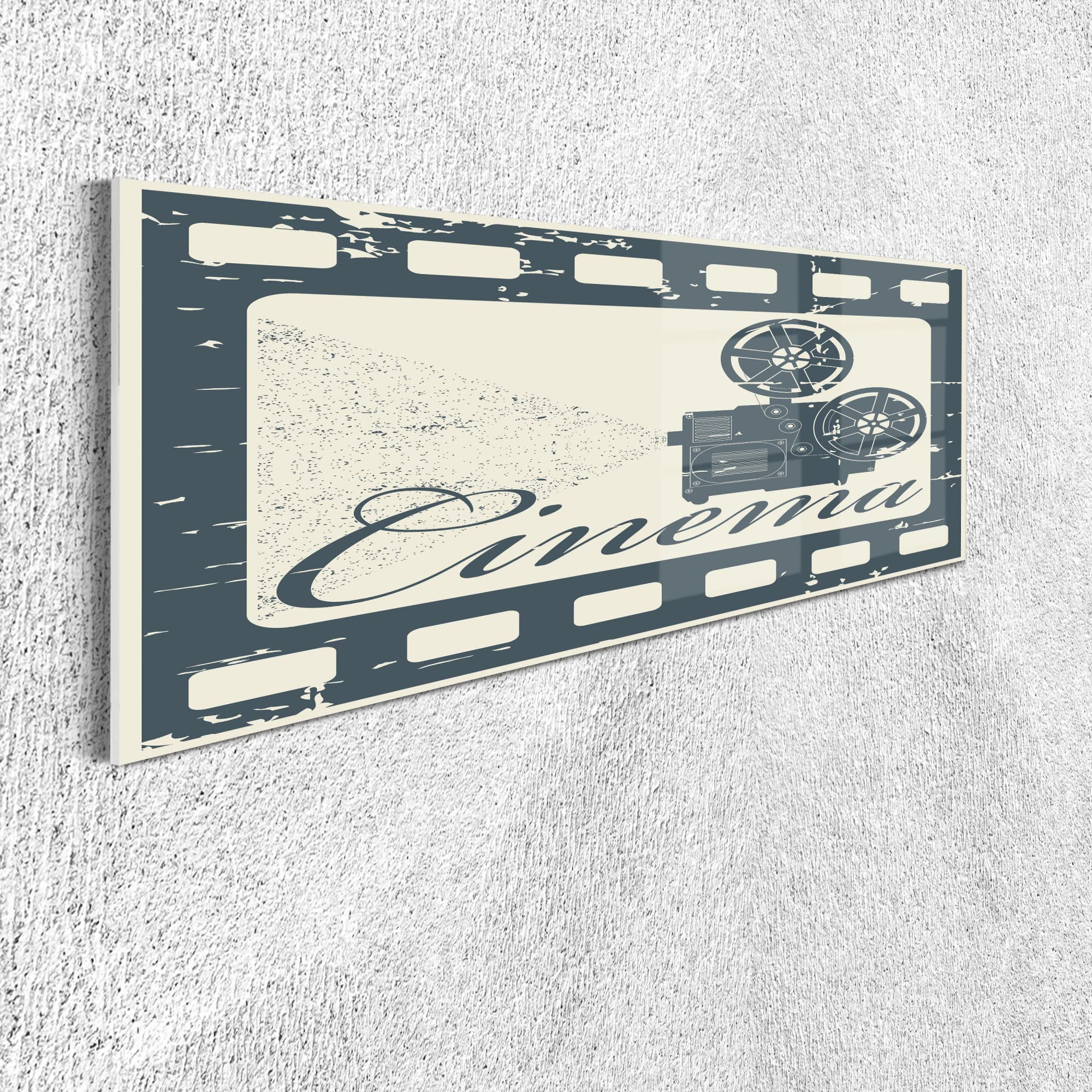 Ambesonne Vintage Movie Theater Acrylic Glass Wall Art - Grunge Cinema Poster with Strip Frame & Projection Lettering - 47x16 Inch Panoramic Decor for Living Room, Bedroom & Dorms - Slate Blue Beige - Perfect for Film Lovers' Home Theater & Entertainment Spaces