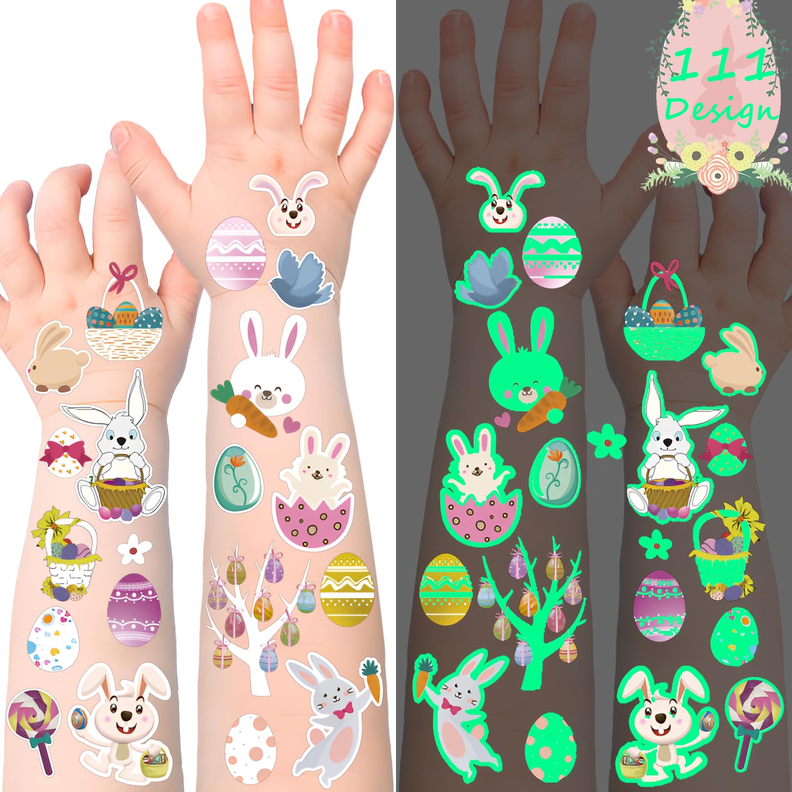 Glow in the Dark Easter Temporary Tattoos for Kids - 111 Styles Bunny Rabbit Egg Fake Tattoos | Easter Basket Stuffers, Party Favors, Goodie Bag Fillers & Holiday Decorations | Perfect for Easter Egg Hunts, Classroom Rewards & Spring Celebrations