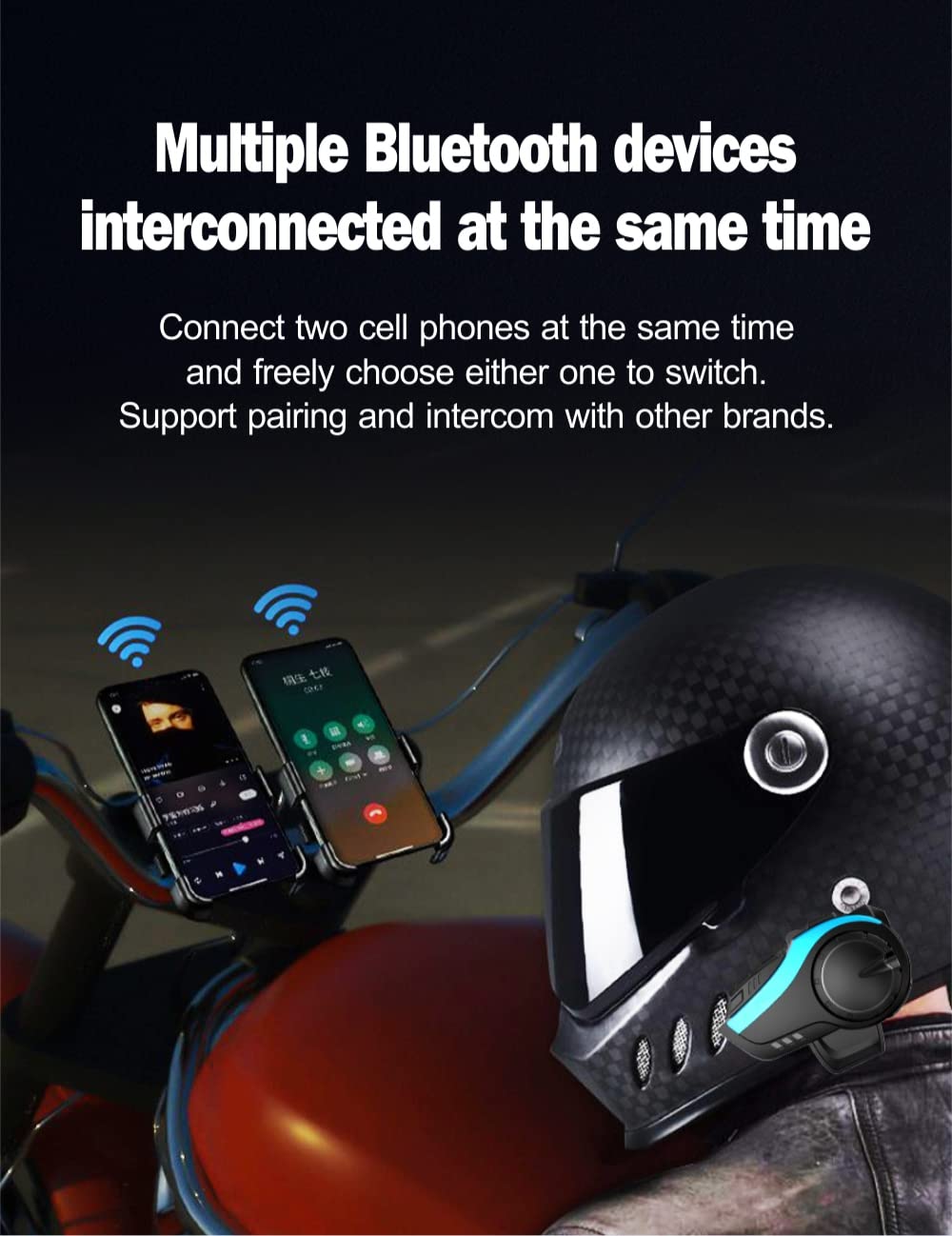 HY-2 Motorcycle Helmet Bluetooth Intercom Kit - DSP/CVC Noise Cancellation Headset for 6 Riders Group Communication, 2000m Range with FM Radio (1 Pack) - Perfect for Group Rides, Touring & Adventure Motorcycling
