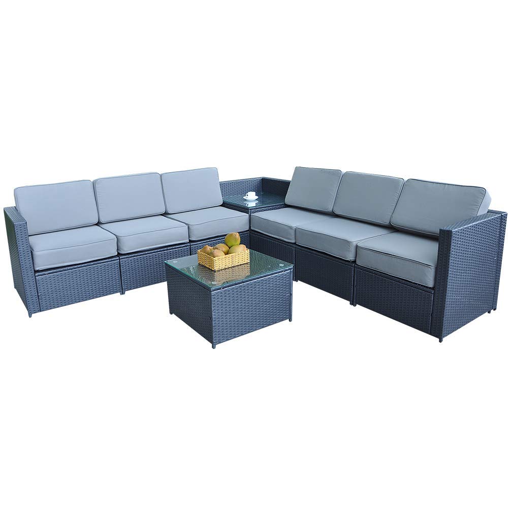 Outdoor Patio Furniture Set - Black Wicker Resin Rattan Sectional Sofa with Cushions | MCombo 6085-1008 Grey | Perfect for Garden, Poolside & Backyard Relaxation