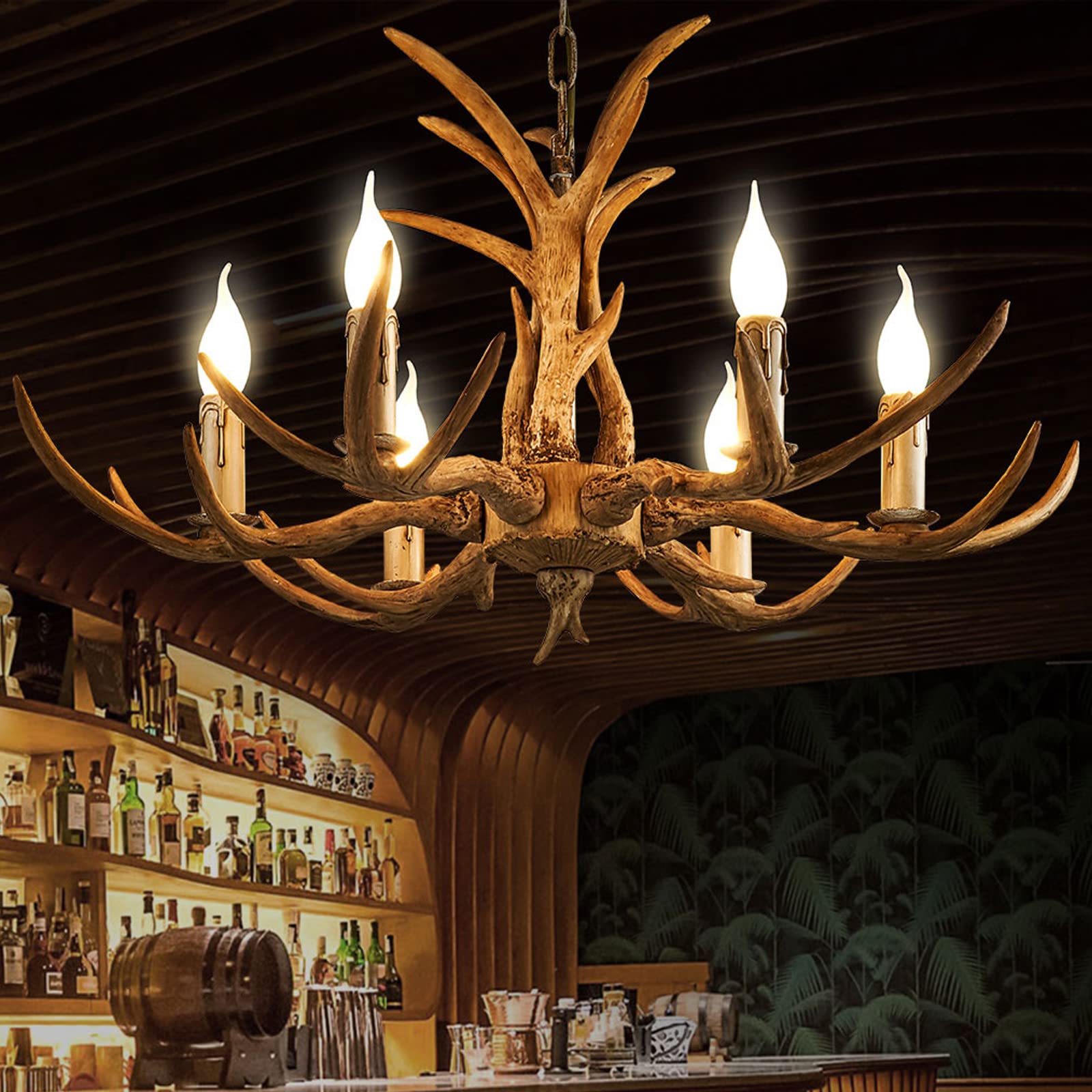6-Headed Deer Antler Chandelier - Rustic Ceiling Light with Real Deer Horns - Vintage Country Lighting for Living Room, Bar, Cafe & Dining Room - Perfect for Cabin, Lodge & Western Style Decor
