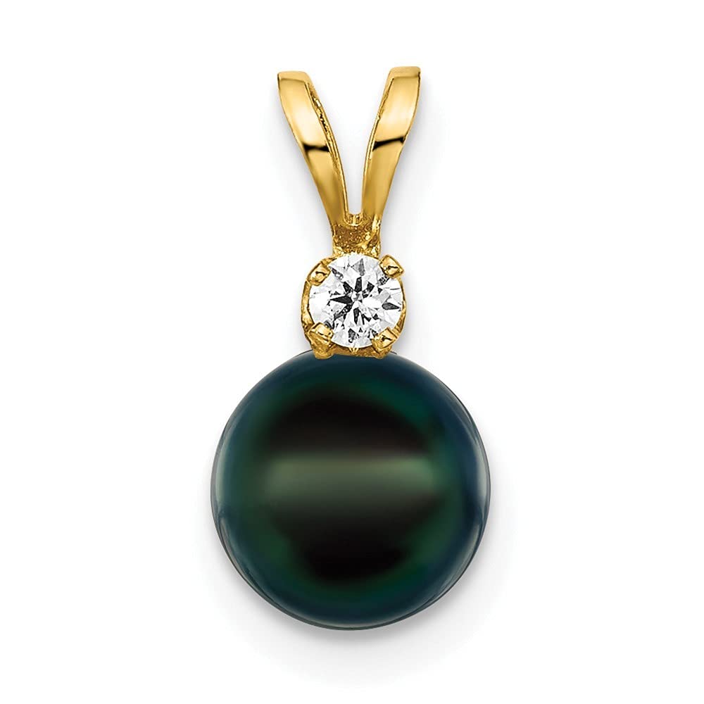14K Gold 7-8mm Black Round Saltwater Akoya Cultured Pearl Diamond Pendant Necklace for Women - Elegant Jewelry Gift for Anniversary, Birthday & Special Occasions