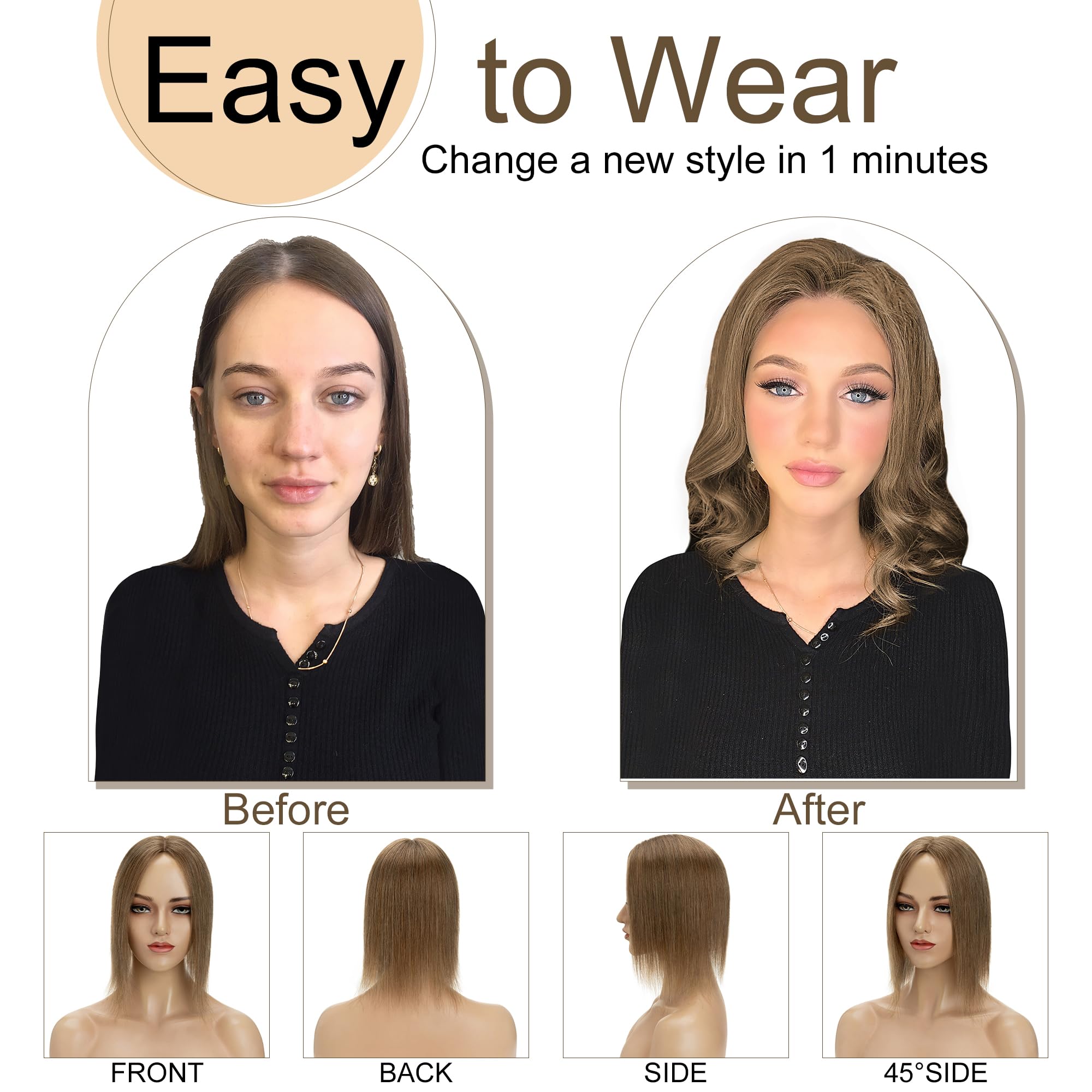 SEGO 10x12cm Silk Base Human Hair Toppers for Women - 130% Density No Bangs Clip-in Top Wiglet - 100% Remy Human Hair Pieces for Thinning Hair (16 Inch, Light Brown) - Perfect for Daily Wear, Special Occasions & Hair Loss Solutions